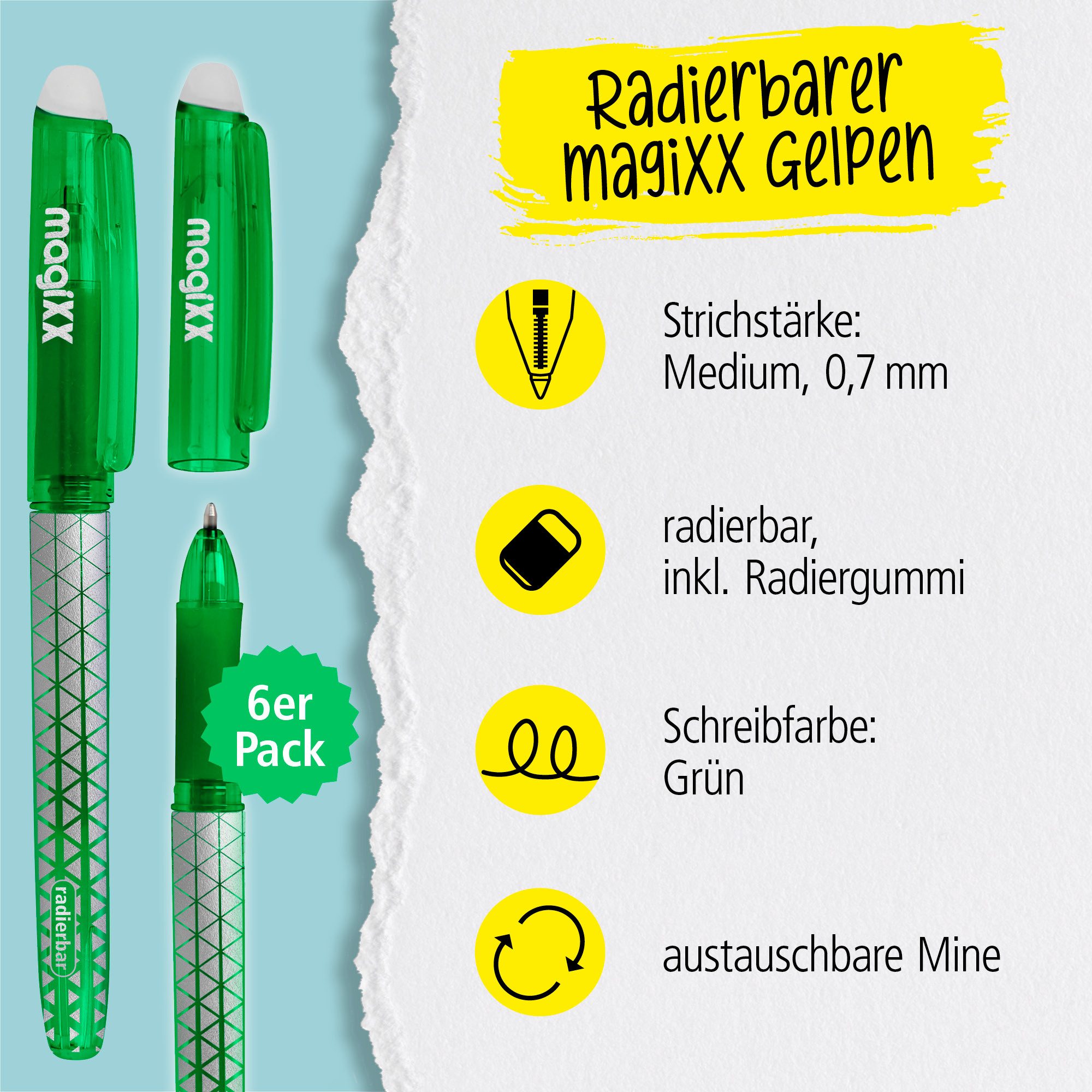 Online Pen Tintenroller magiXX Classic, (6x radierbare Gelschreiber grün, ergonomisches Griffstück), Gelpens für Schüler, Studenten, Büro