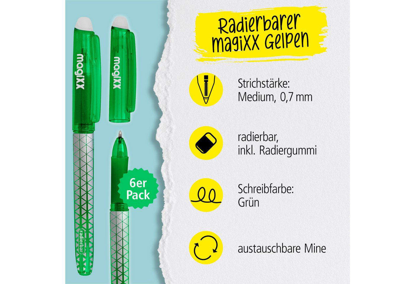 Thumbnail - Online Pen Tintenroller magiXX Classic, (6x radierbare Gelschreiber grün, ergonomisches Griffstück), Gelpens für Schüler...