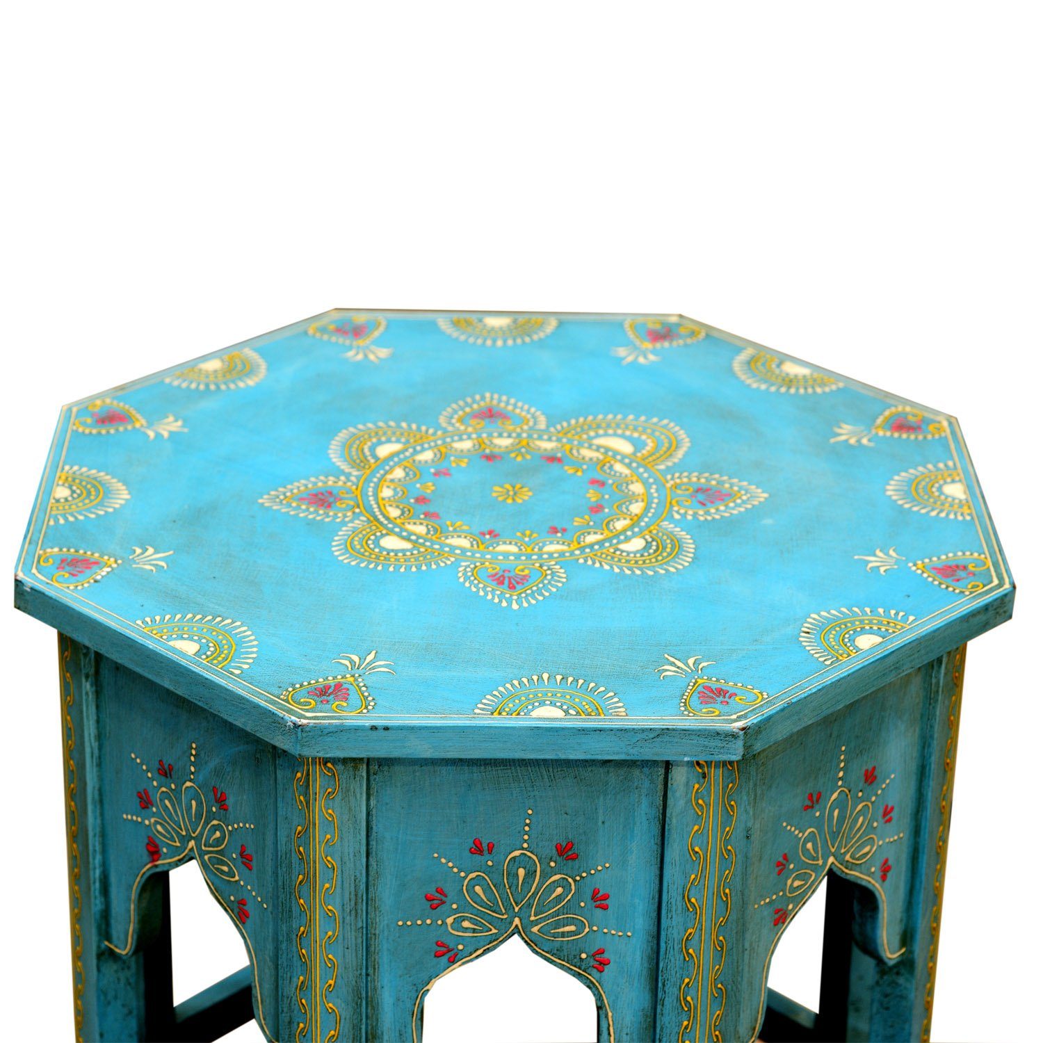 handbemalt Massivholz L traditionellen Casa Couchtisch handbemalt Mustern Kunstvoll Chic Saada Vintage Blau (Boho Tisch Sofatisch), mit Orientalischer handgefertigt Moro Beistelltisch