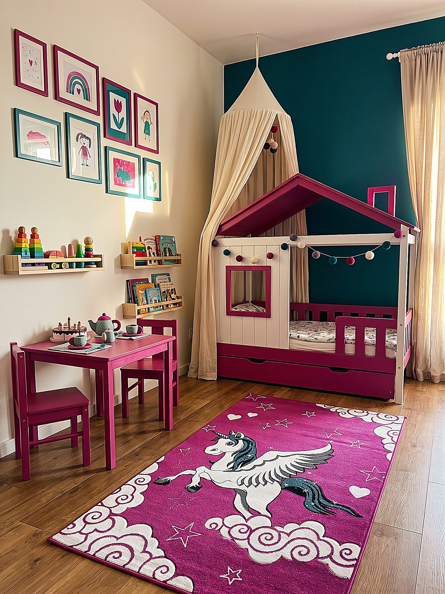 KADIMA DESIGN Kinderteppich CASOLA Kinderteppich Fuchsia 80x150 Sterne Polypropylen Kurzflor, Rechteckig, Höhe: 14 mm, Saugroboter-geeignet, Strapazierfähig, Fußbodenheizung geeignet