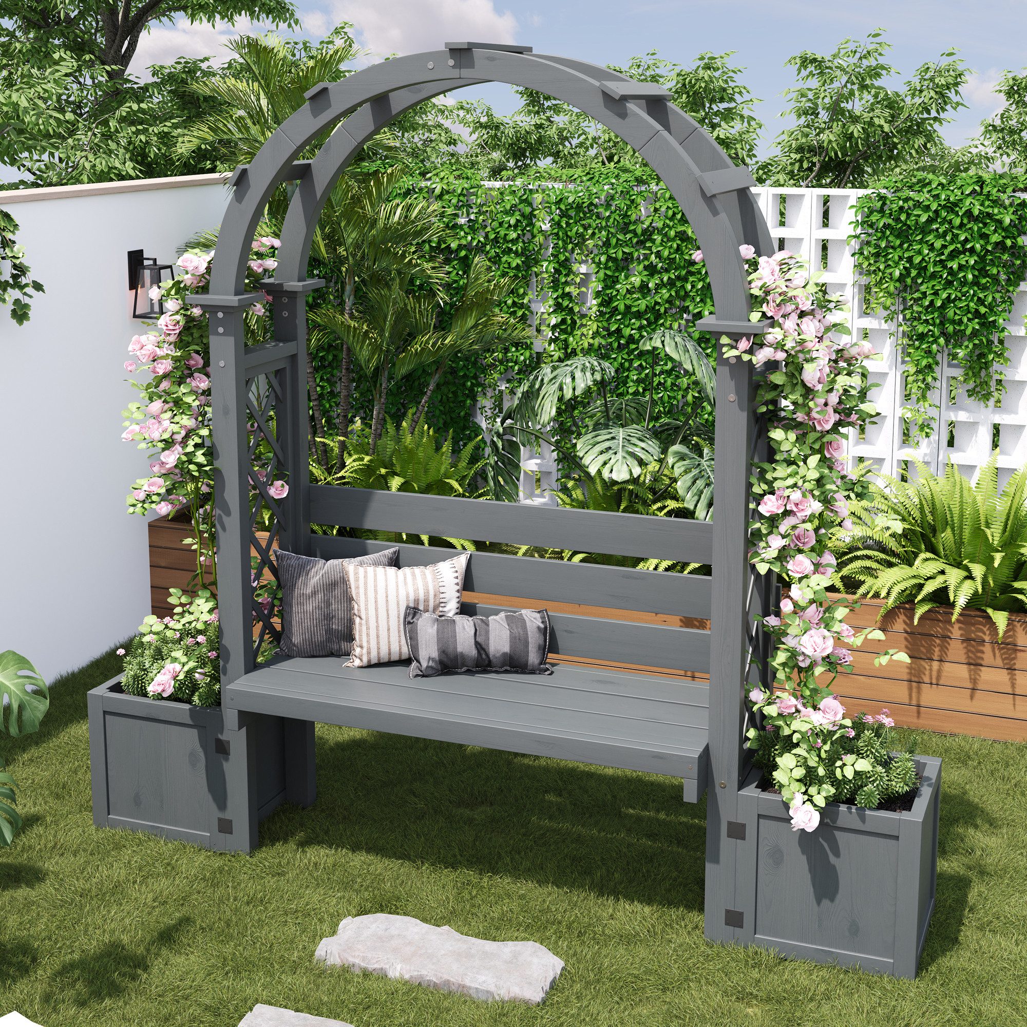 STILVORA Pflanzkübel Pflanzgefäß mit Spalier als Rankhilfe Blumenkübel mit viel Platz Grau (bogenförmige Pergola-Bank aus sorgfältig ausgewähltem, Flexible Pflanz- und Aufbewahrungsmöglichkeiten), für Garten Hof Terrasse