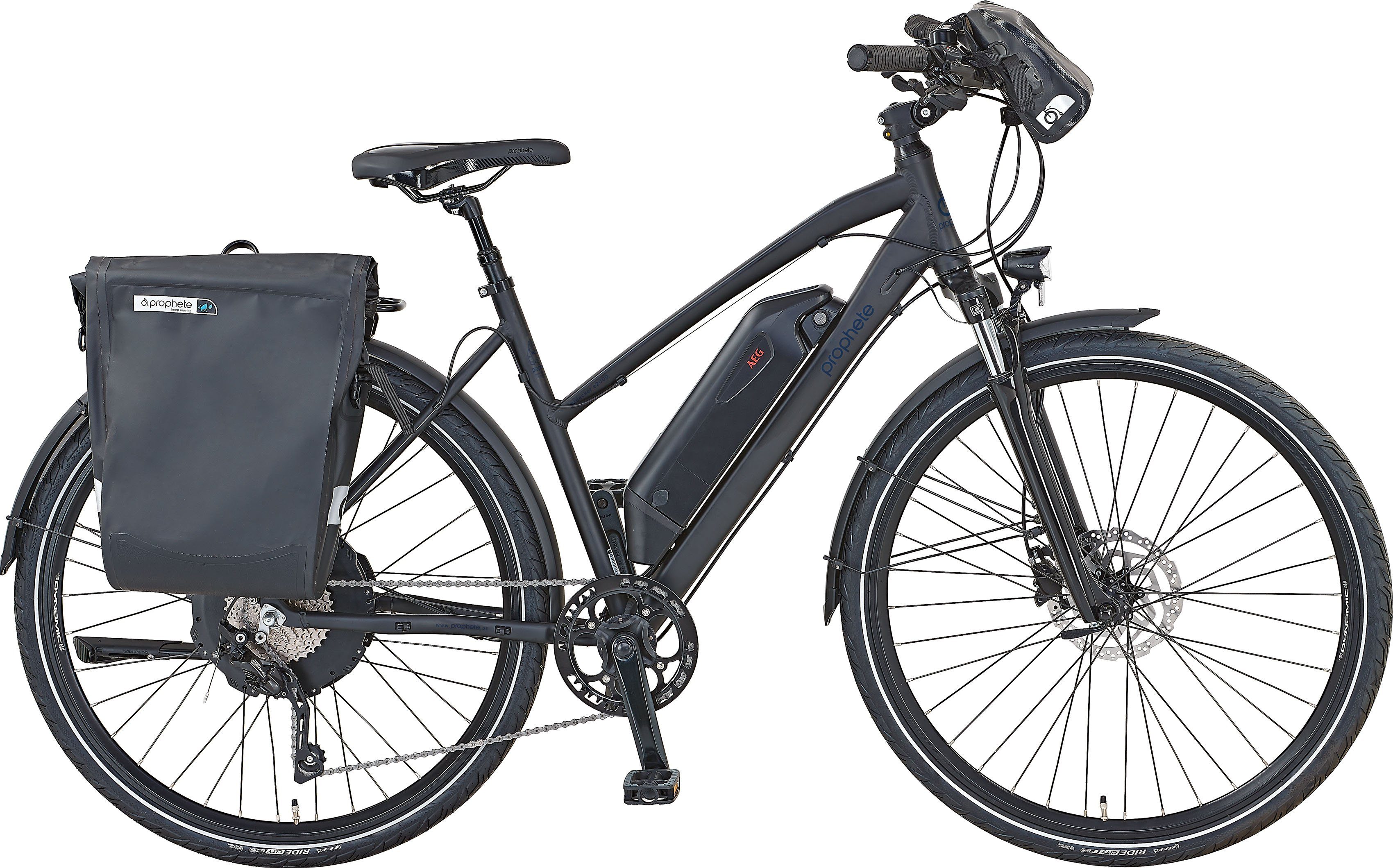 Prophete E-Bike Trekkingrad Entdecker e2000 Damen, 10 Gang Shimano Deore XT Schaltwerk, Kettenschaltung, Heckmotor, 614 Wh, (mit Gepäckträgertasche, mit Lenkertasche), Pedelec, Elektrofahrrad für Damen