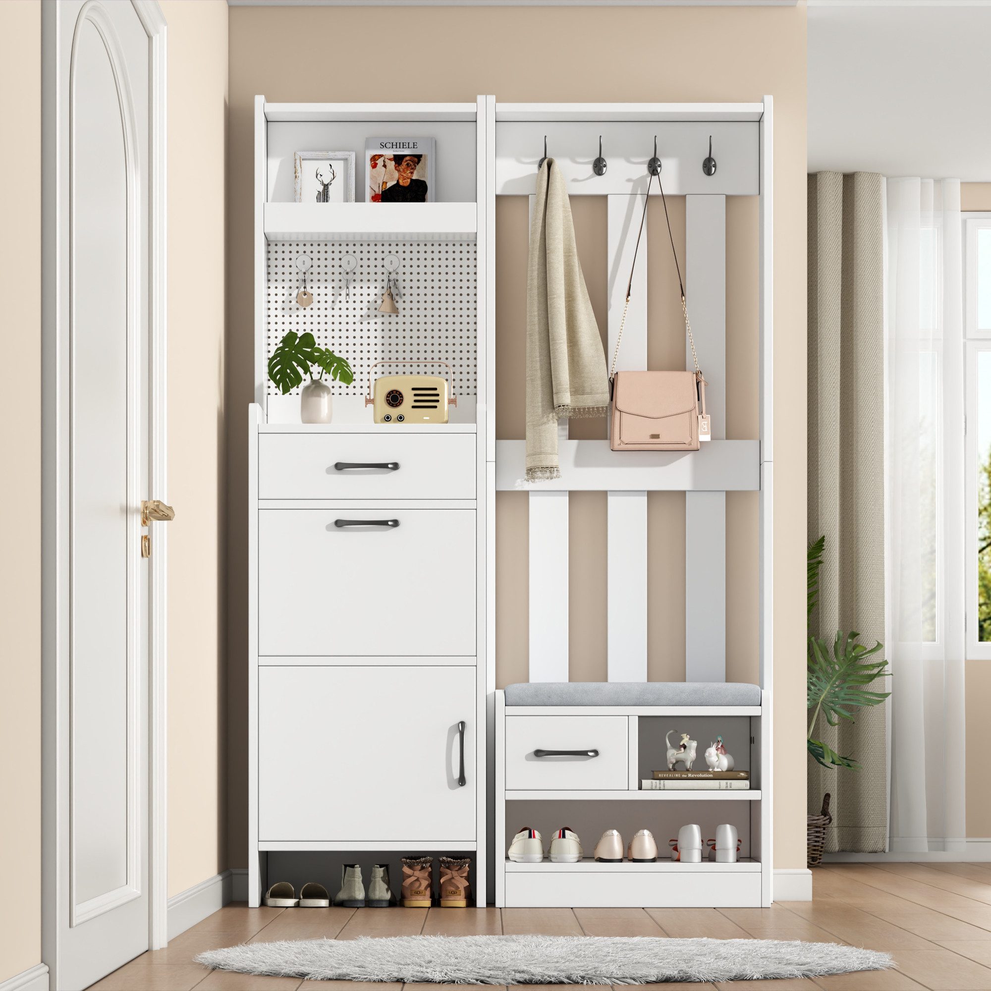 Odikalo Garderoben-Set Garderobenständer Kleiderständer, 7-in-1, (110*35*175,5 cm Flur Garderobenständer Kleiderständer,Garderobenständer,Bücherregal,7-in-1 Garderobenständer mit Schuhbank, freistehend,Garderobe mit 7 Haken, Lochwand, Matte, 2 Schubladen,Weiß)