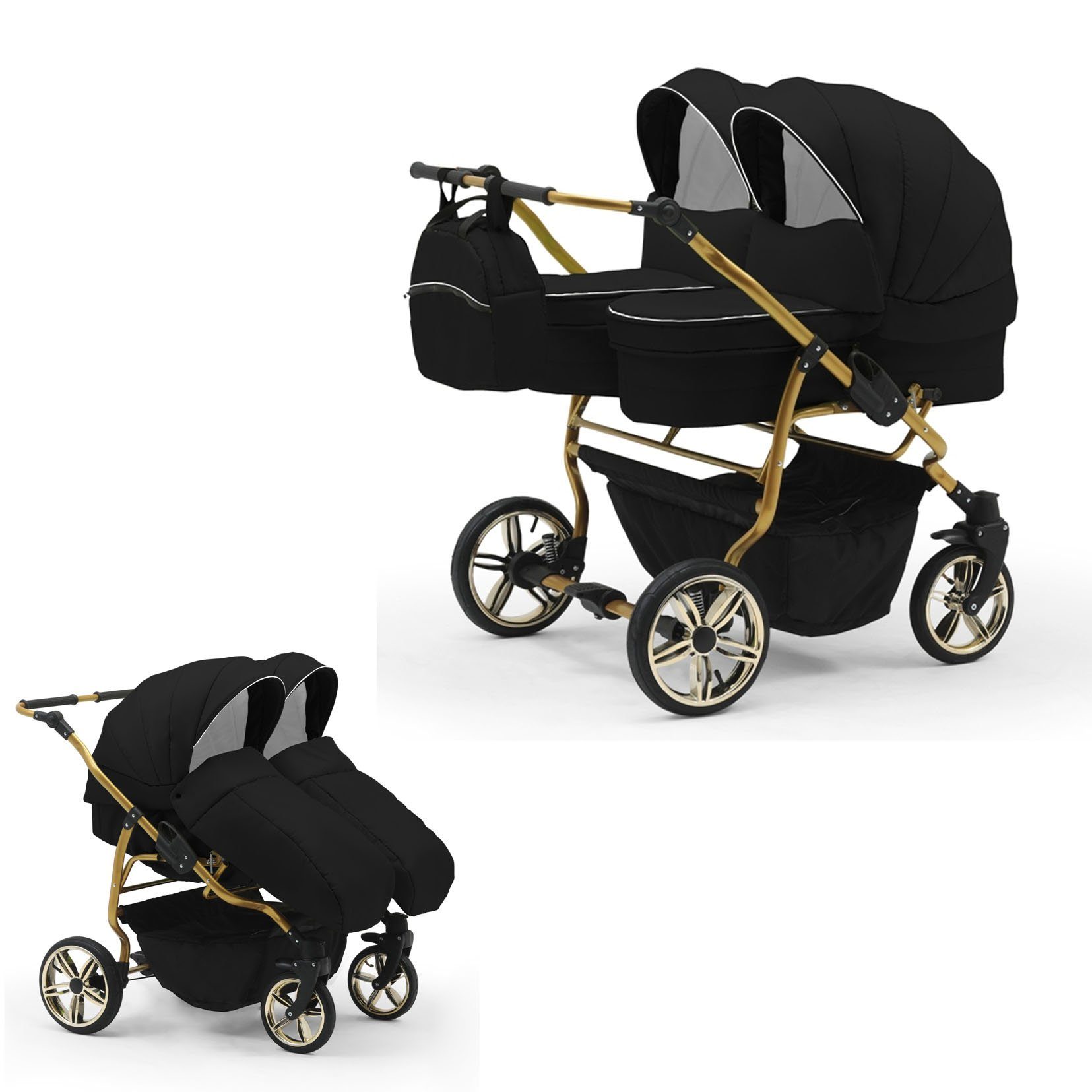 babies-on-wheels Zwillingswagen Zwillingskinderwagen 2 in 1 Duet Lux - 10 Teile - in 33 Farben Schwarz stripes