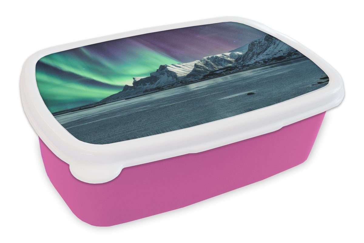 MuchoWow Lunchbox Nordlichter - Schnee - Norwegen, Kunststoff, (2-tlg), Brotbox für Erwachsene, Brotdose Kinder, Snackbox, Mädchen, Kunststoff rosa