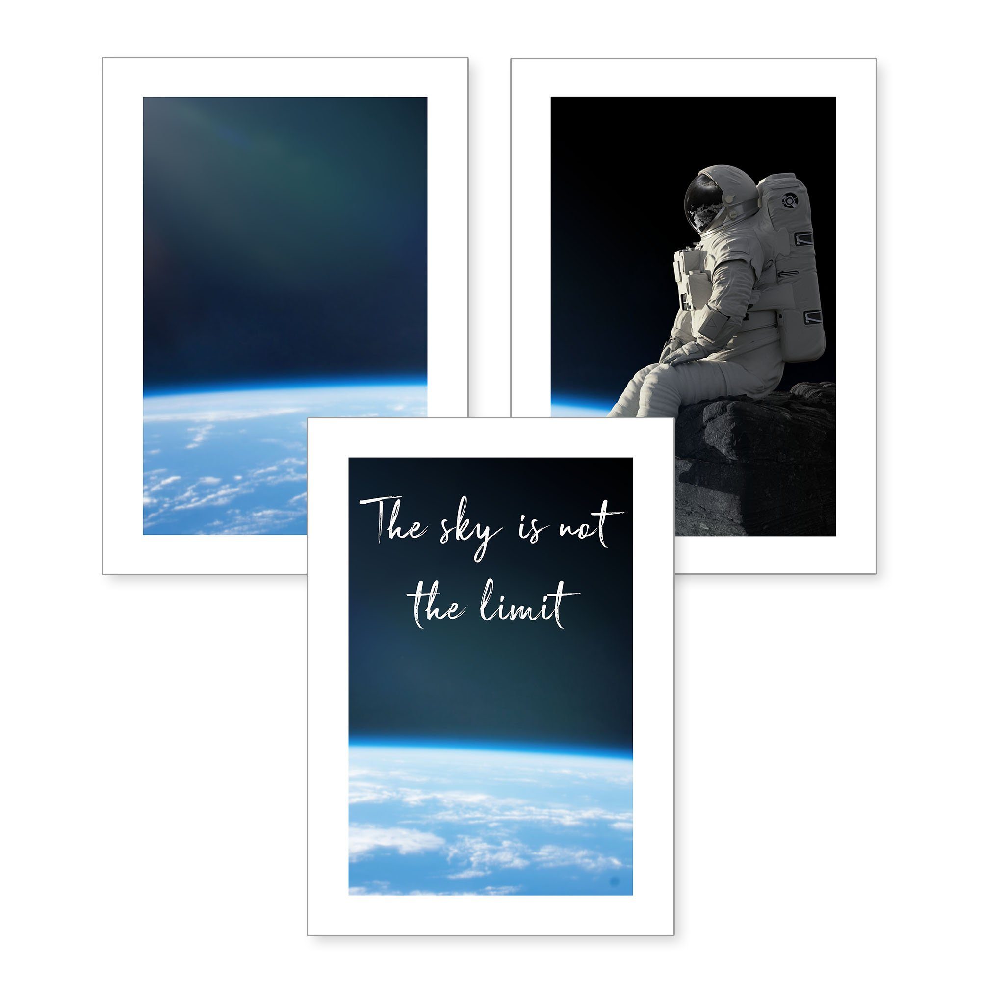 Kreative Feder Poster, Weltall, Weltraum, Space, Astronaut, Erde, Planet, Motivation, Inspiration, Limit (Set, 3 St), 3-teiliges Poster-Set, Wandbild, optional mit Rahmen, DIN A4 oder A3
