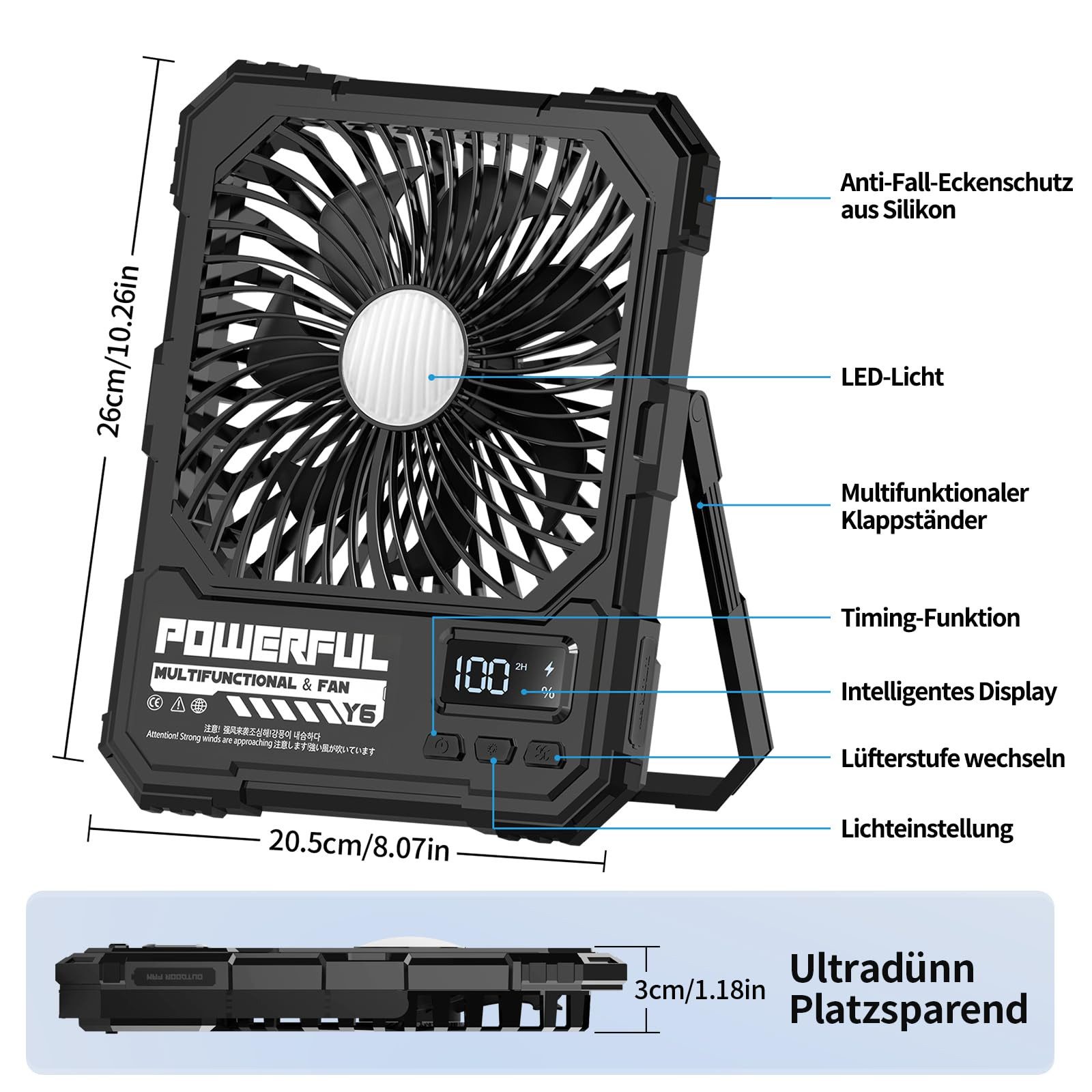 AIBISTAR Tischventilator Tragbarer Camping Ventilator 20000mAh,mit LED/Powerbank/Timer, Zelt Ventilator mit 5 Stufen,Fernbedienung,3-stufige LED,Metallhaken