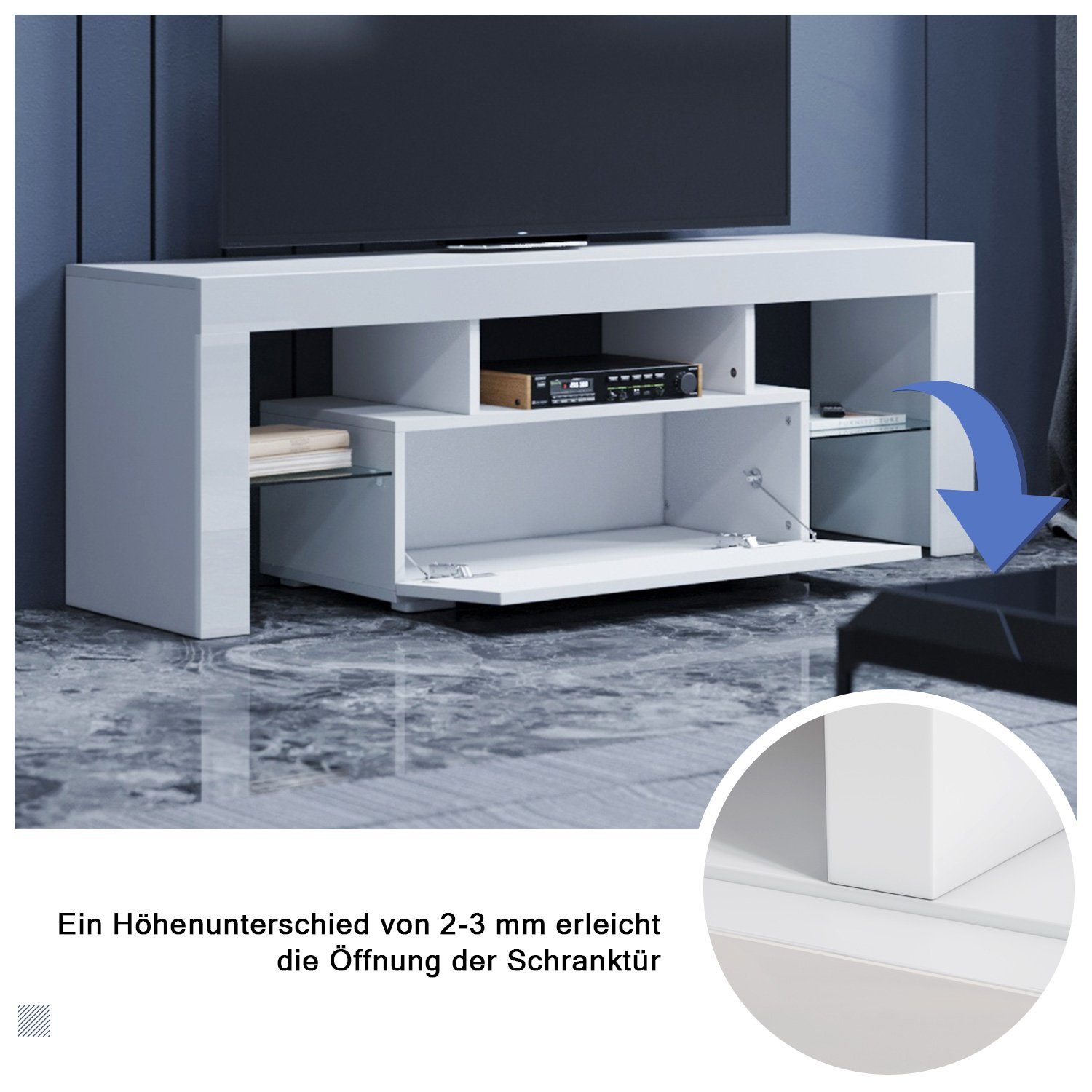 SONNI TV-Board TV Lowboard Breite 130 cm Schrank Weiß Hochglanz mit LED-Beleuchtung – Bild 4 von 5