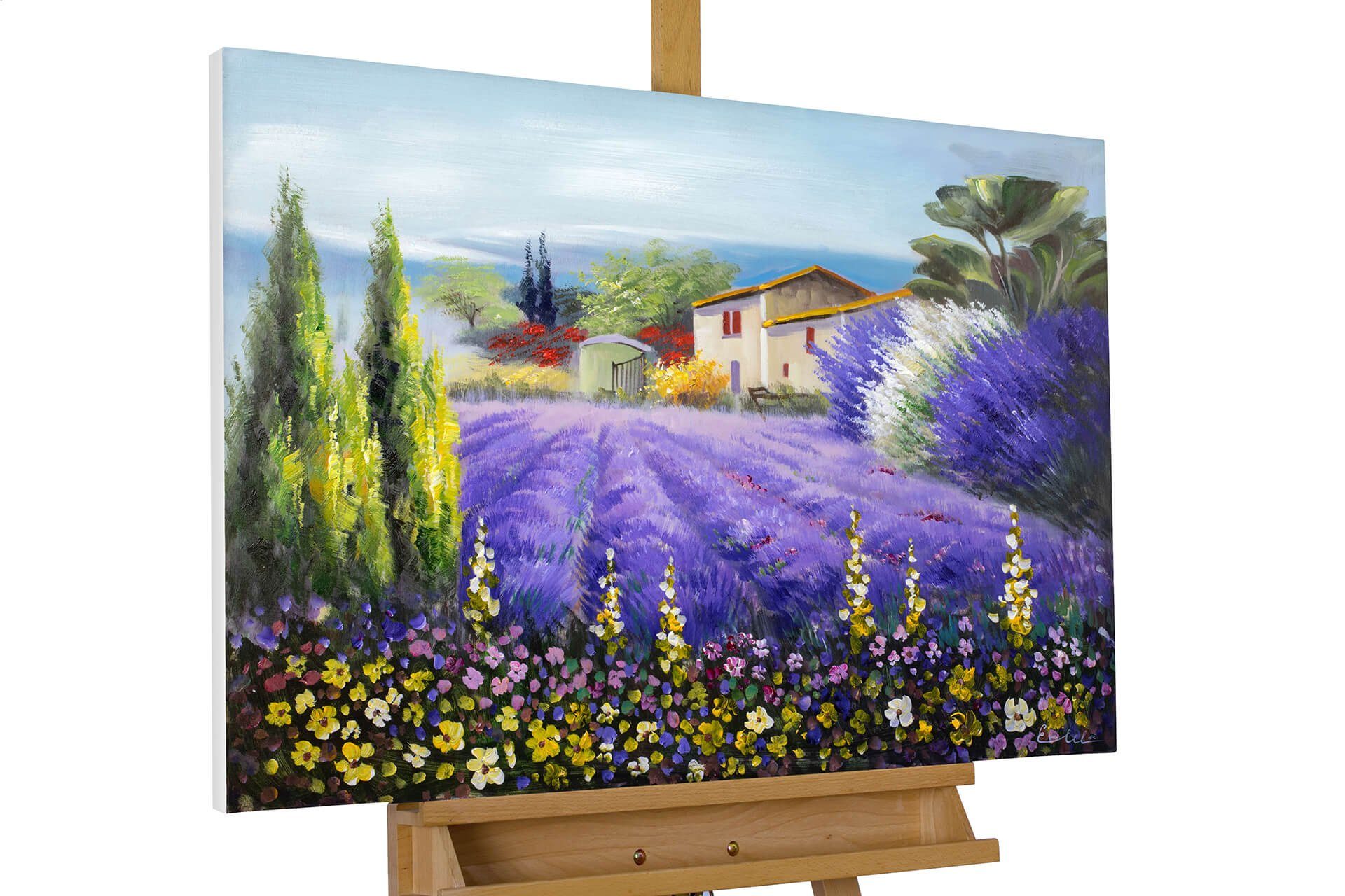 KUNSTLOFT Gemälde Lavendelzeit 90x60 cm, Leinwandbild 100% HANDGEMALT Wandbild Wohnzimmer