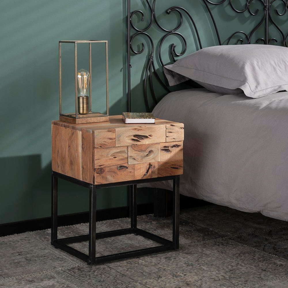 RINGO-Living Beistelltisch Massivholz Nachttisch Meilani mit Schublade in Natur-hell und Schwarz-, Möbel | Ablagetische