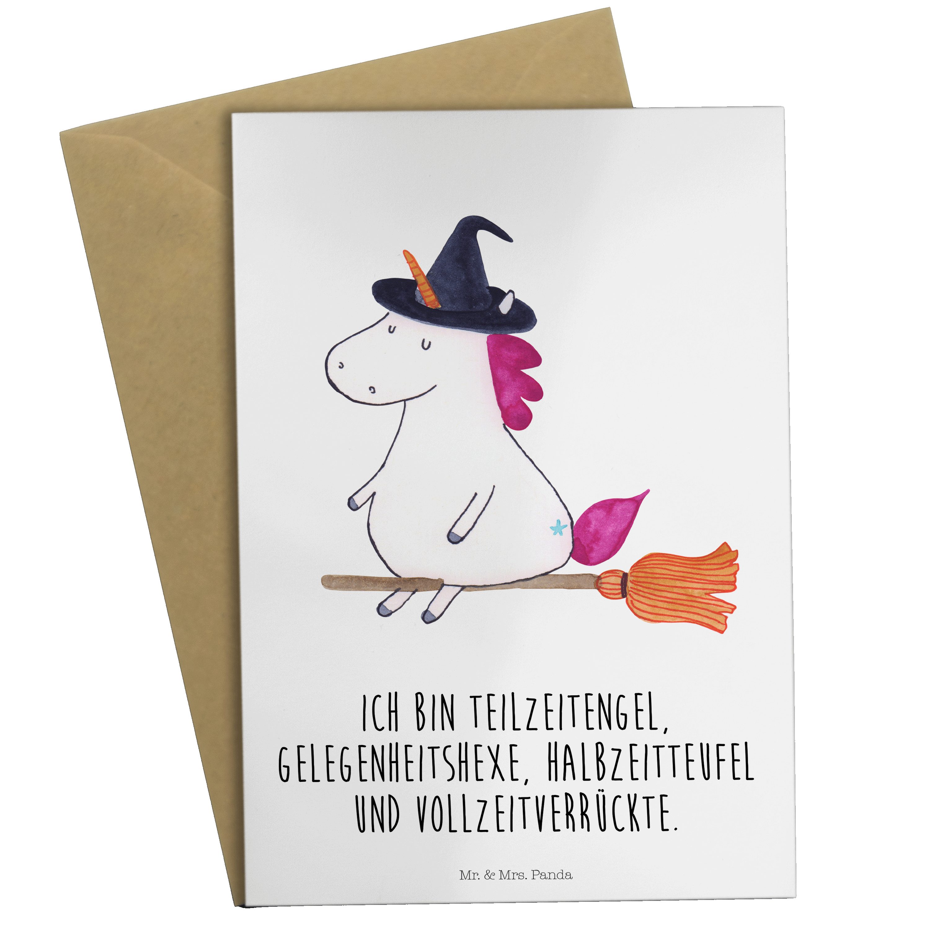 Mr. & Mrs. Panda Grußkarte Einhorn Hexe - Weiß - Geschenk, Karte, Klappkarte, Einladungskarte, Z