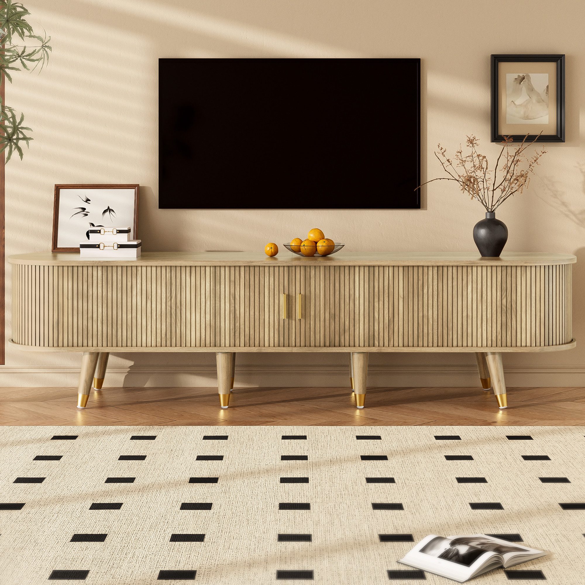 KLAM HOME Lowboard TV-Schrank 175 cm mit Rattan-Schiebetür, Walnussoptik & günstig online kaufen