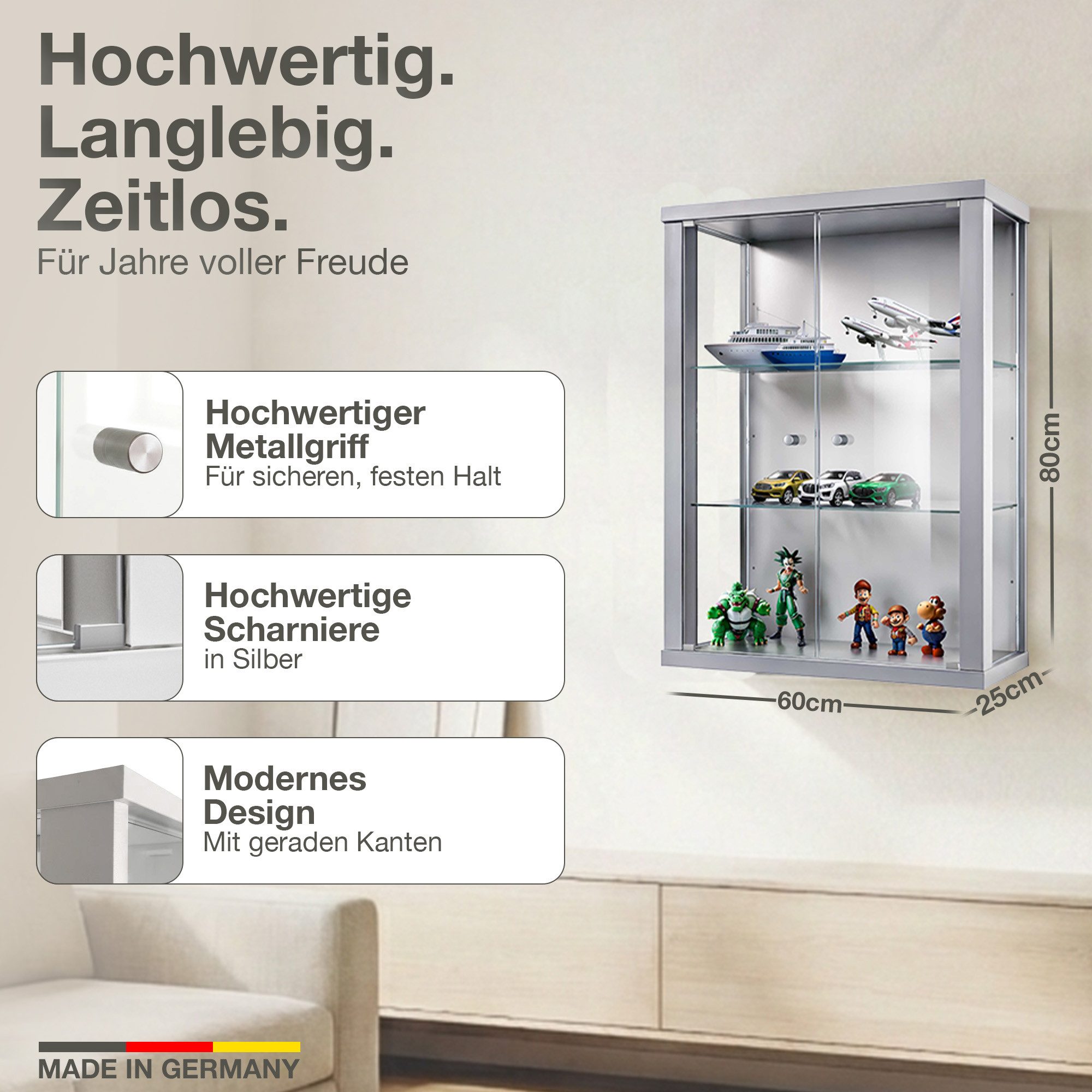 K-Möbel Hängevitrine C1012 (Glasvitrine (80x60x25 cm) mit 2 Glastüren) Glasvitrine hängend – Bild 2 von 5