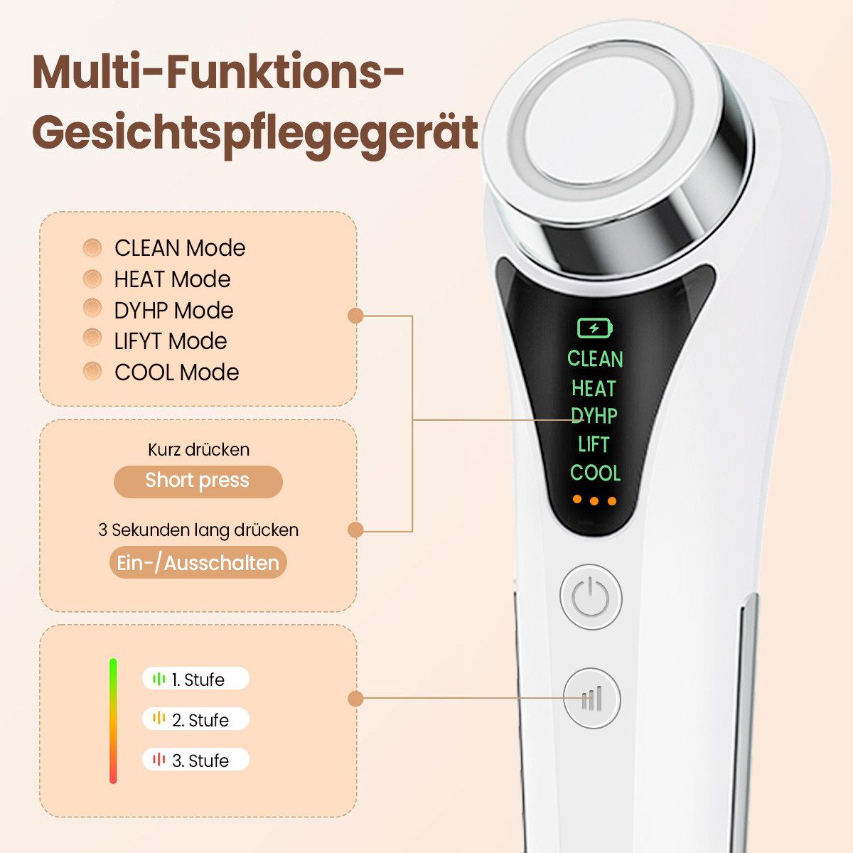 FOSMET Gesichtsmassagegerät 6 in 1 EMS RF Gesichtsmassagegerät mit LED, Wärme und Kälte, 6-in-1 Anti-Aging Gerät, Elektrisches Beauty Tool für tägliche Hautpfle – Bild 3 von 5