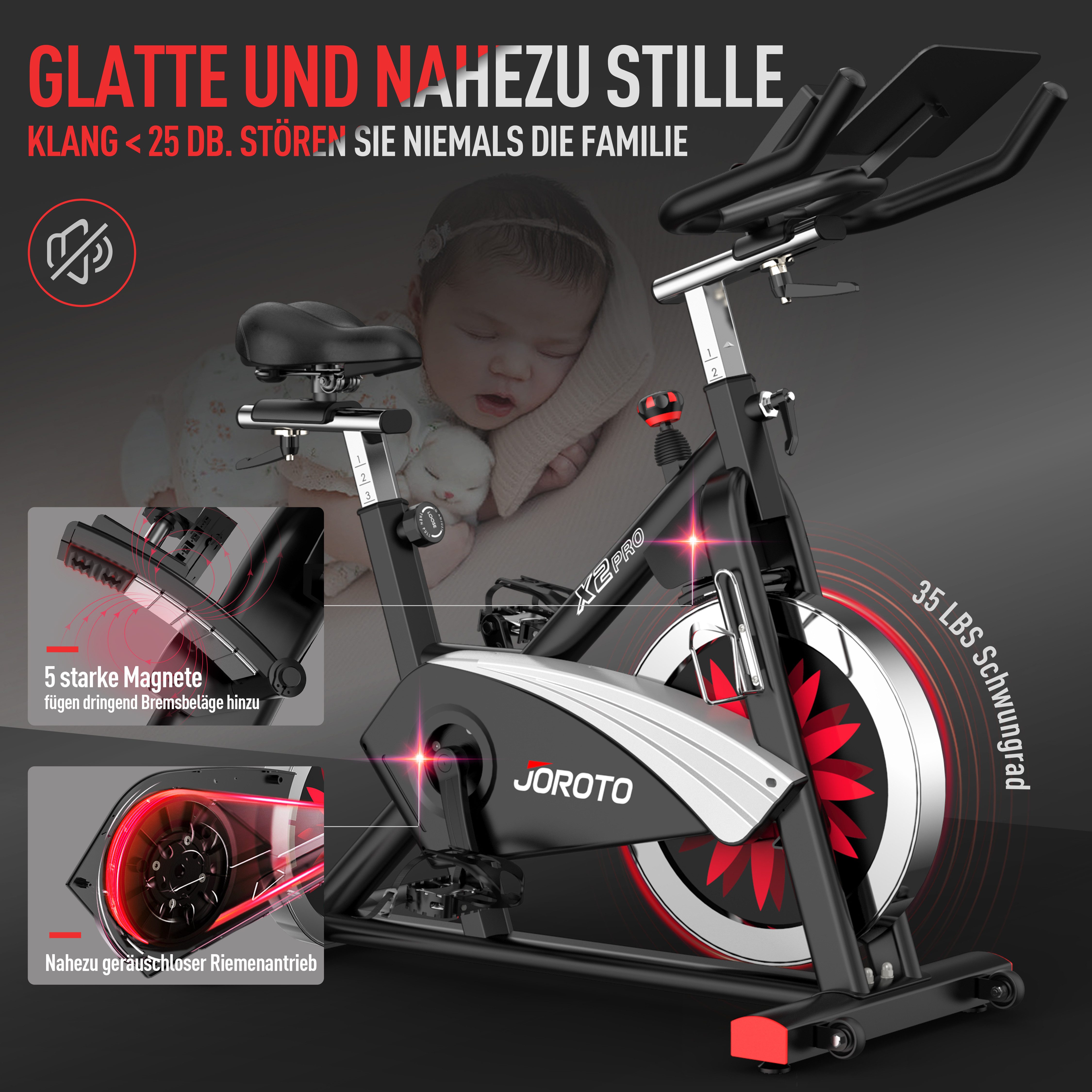 JOROTO Speedbike Ergometer Heimtrainer X2 & X2PRO mit multifunktionalem Display (Indoor Cycling Bike), Heimtrainer Fahrrad mit Kraftvoller Magnetbremse & Riemen – Bild 4 von 5