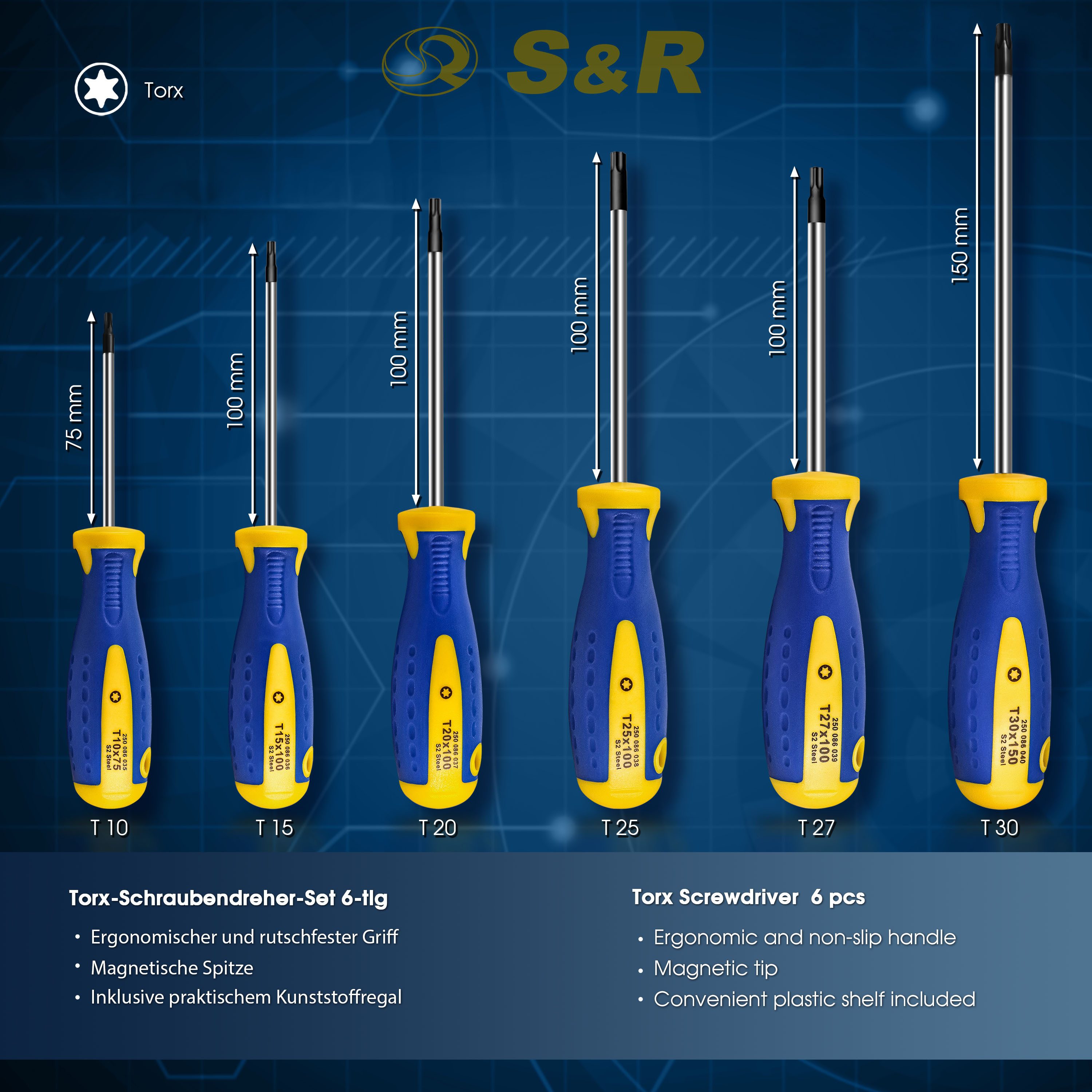 S&R Schraubendreher Set Torx 6-tlg, magnetisch, Power-Form Schraubendrehersatz, (Satz, 6 St., T10 T15 T20 T25 T27 T30, inkl. Wandhalterung), gelochter Ergo-Griff, mit S2 Spezialstahl Klingen