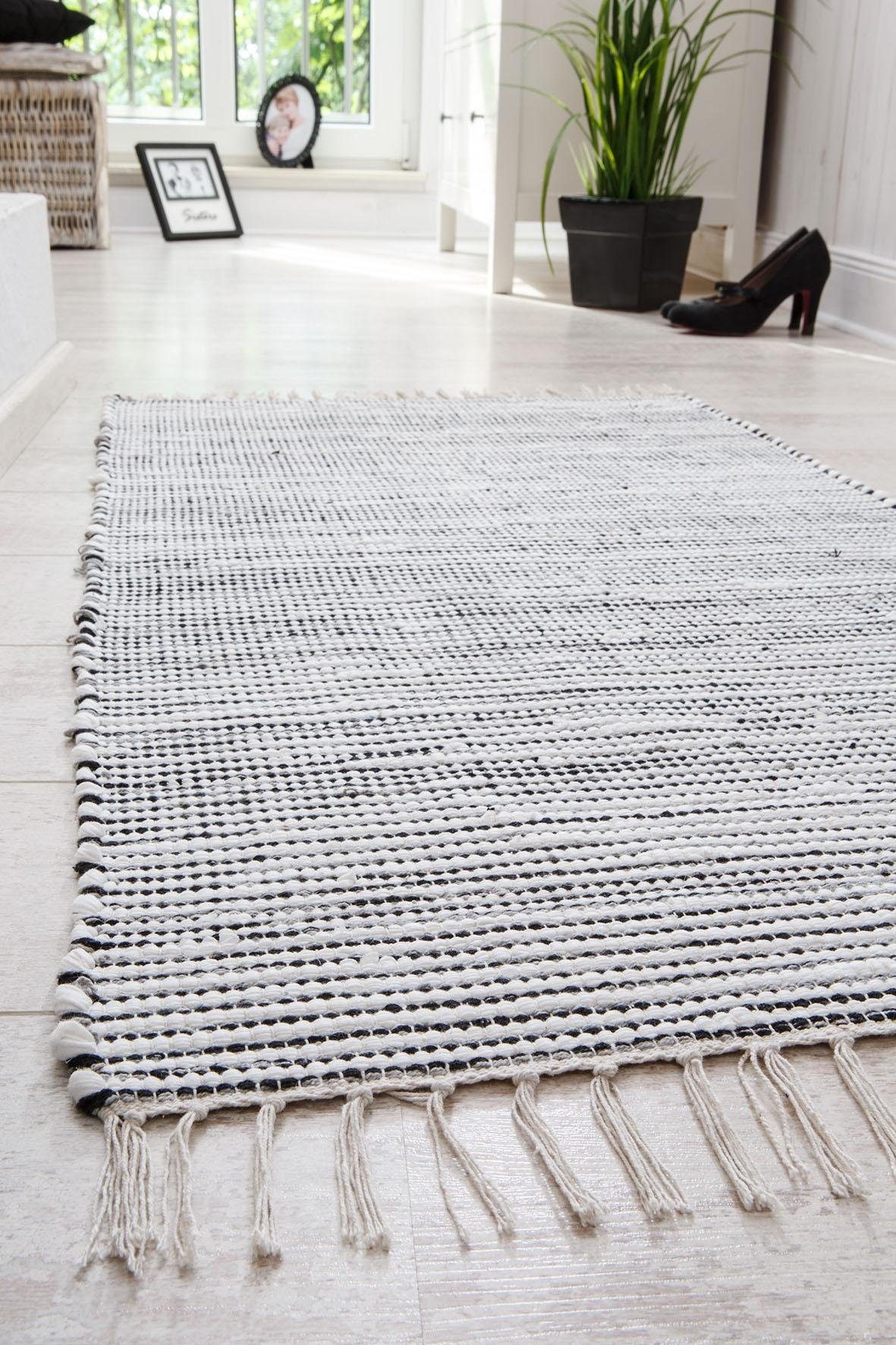 Teppich Milo 1, Teppich, mit reine Baumwolle, handgewebt, mm, rechteckig, Fransen weiß/schwarz Handweb Andiamo, 5 Flachgewebe, Höhe