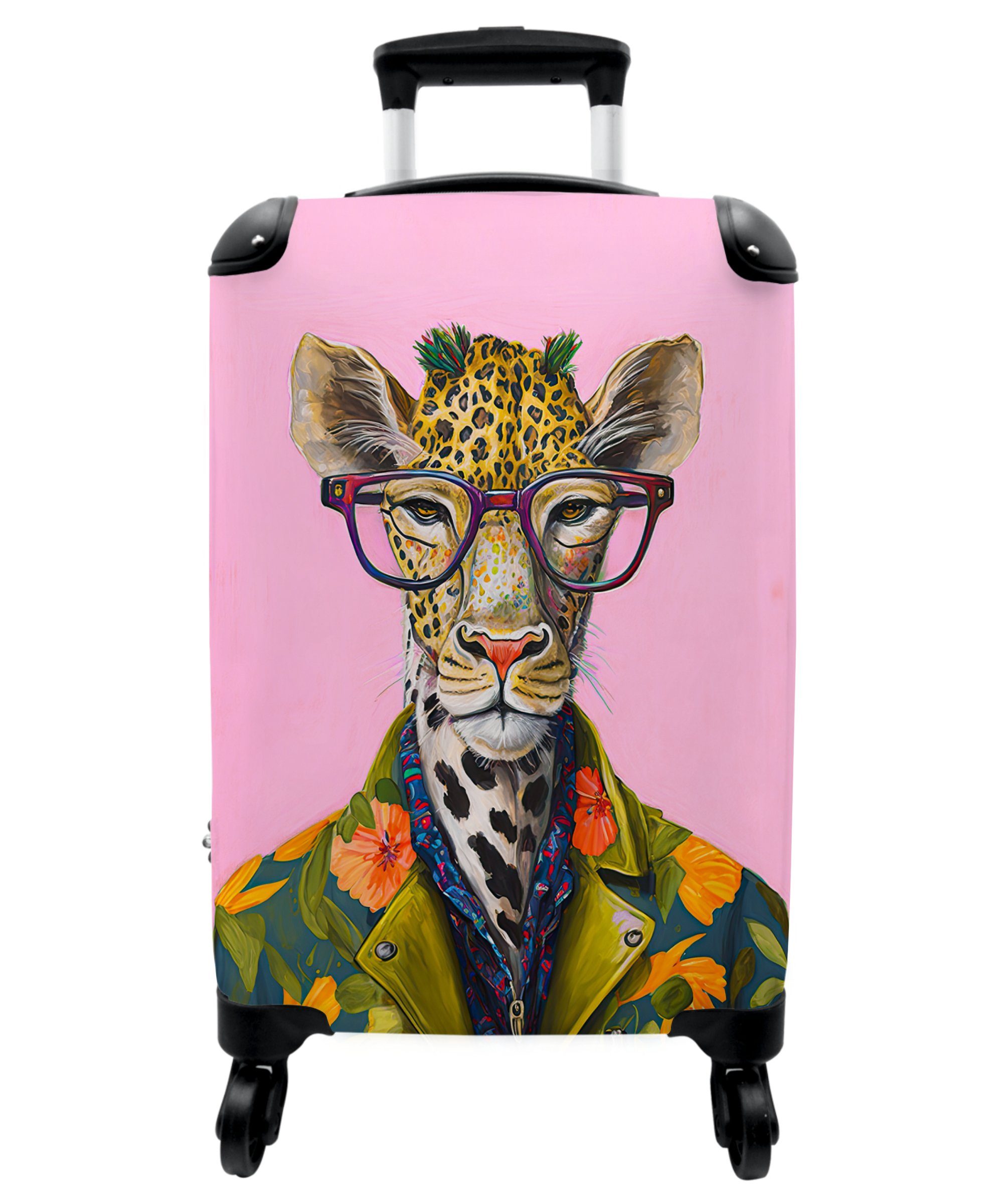 NoBoringSuitcases.com© Handgepäckkoffer 55x35x20cm Tiere - Giraffe - Brille - Blumen, 4 Rollen, Handgepäck Trolley Rollkoffer Kleine Reisekoffer mit 4 Rollen - Cabin