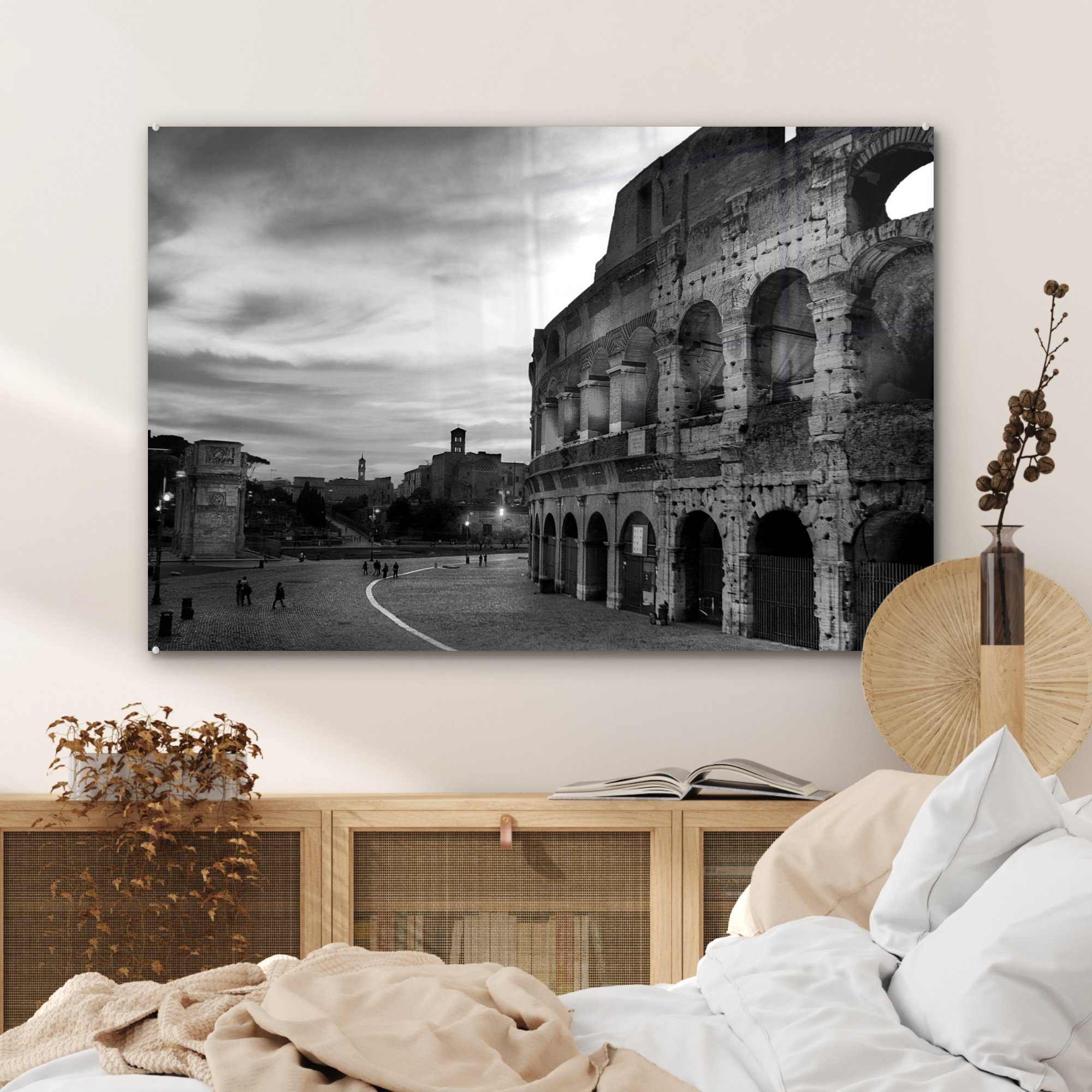 und Das Sonnenuntergang Acrylglasbild St), MuchoWow Schlafzimmer Wohnzimmer (1 bei - Kolosseum & Acrylglasbilder in weiß, schwarz Rom