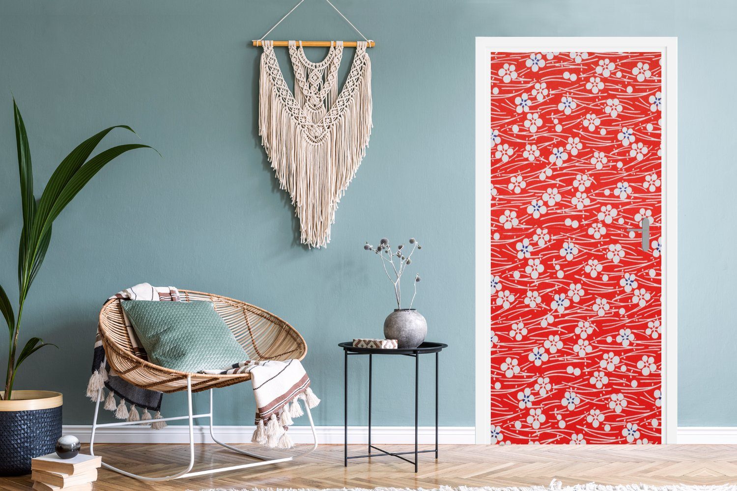 Tür, weißes für Blumenmuster, Türtapete St), rotes Matt, Türaufkleber, und 75x205 bedruckt, cm (1 MuchoWow Ein Fototapete