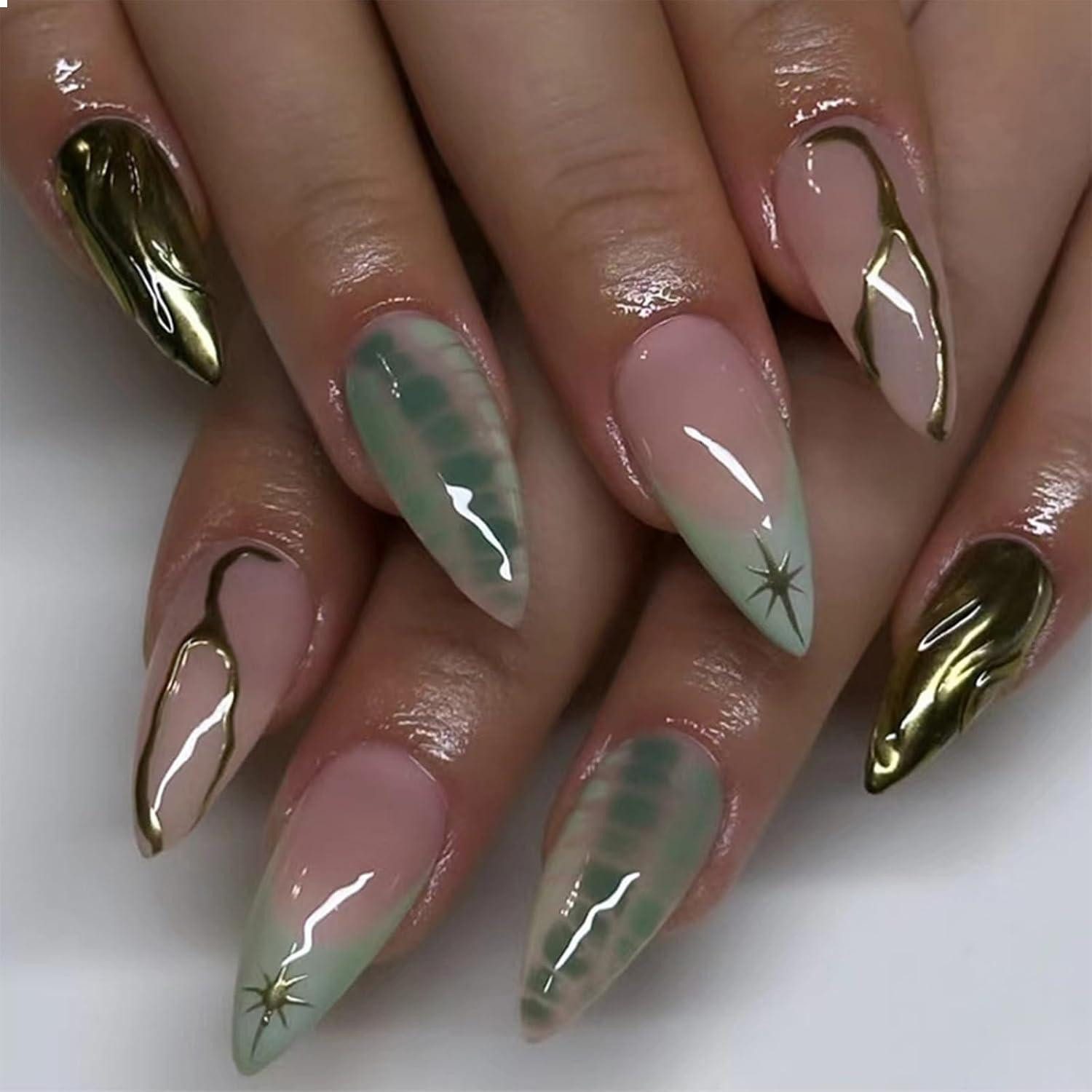 Kunstfingernägel 30 Stück Hellgrüne French Tip Press on Nails Mittel Almond