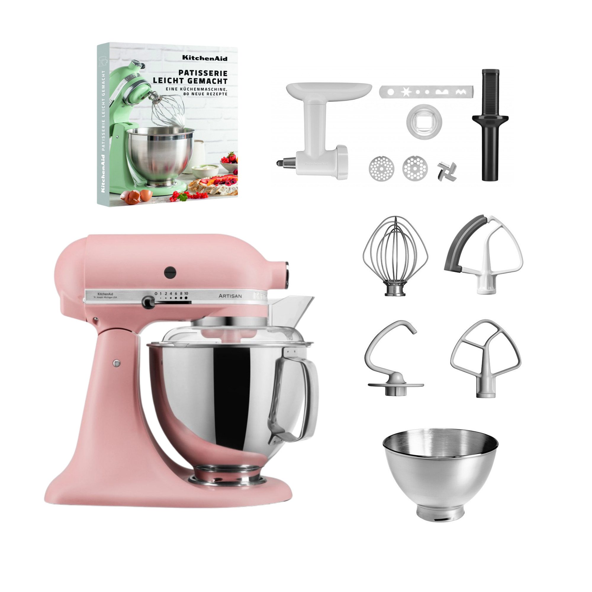 KitchenAid Küchenmaschine KitchenAid 4,8l 5KSM175 Artisan Fleischwolf, Spritzgebäckvorsatz, Buch