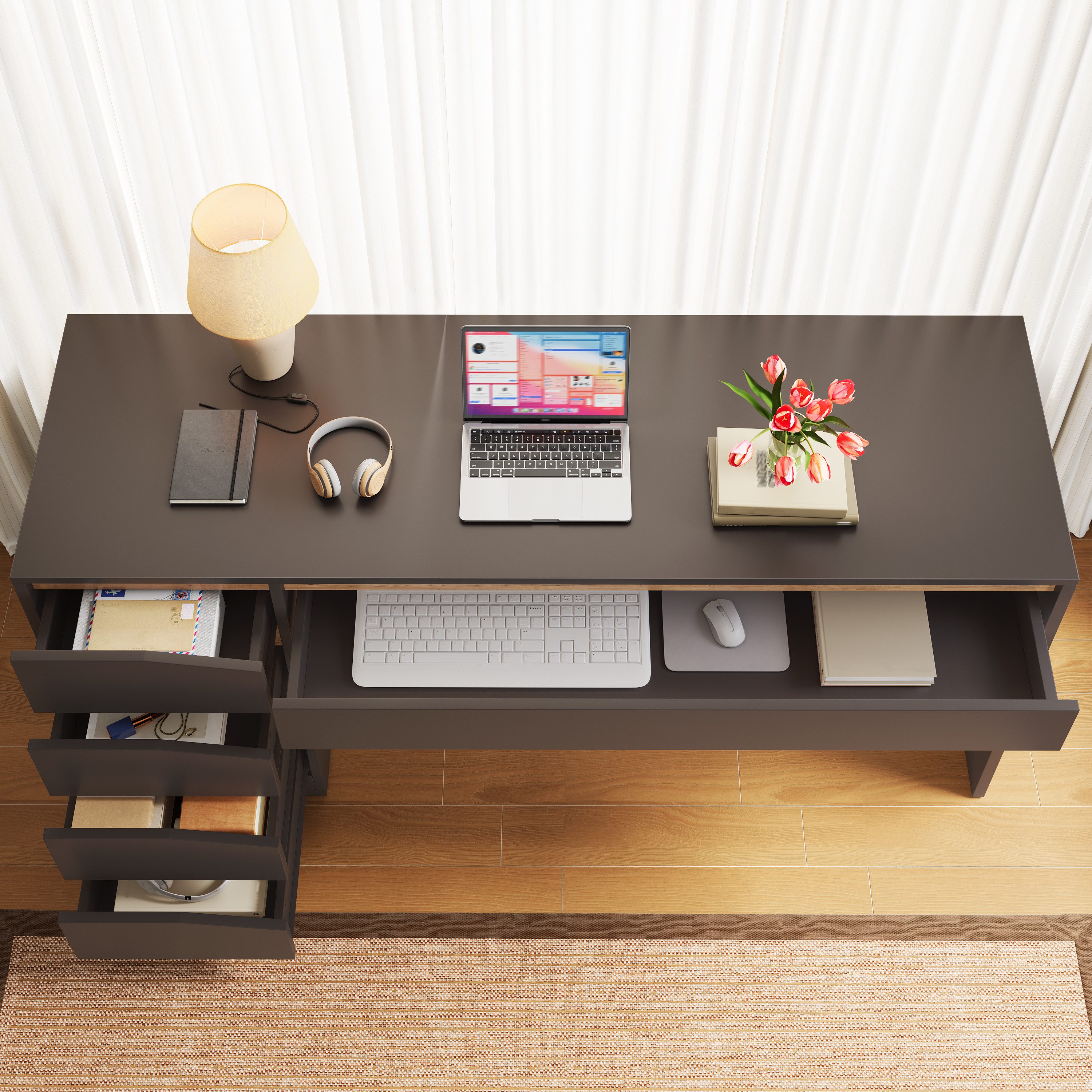 Flieks Schreibtisch Computertisch Arbeitstisch Bürotisch (140x50x78 cm, 1-St., 1 Tisch), rechteckiger Multifunktionstisch mit 5 Schubladen Dunkelgrau – Bild 2 von 5