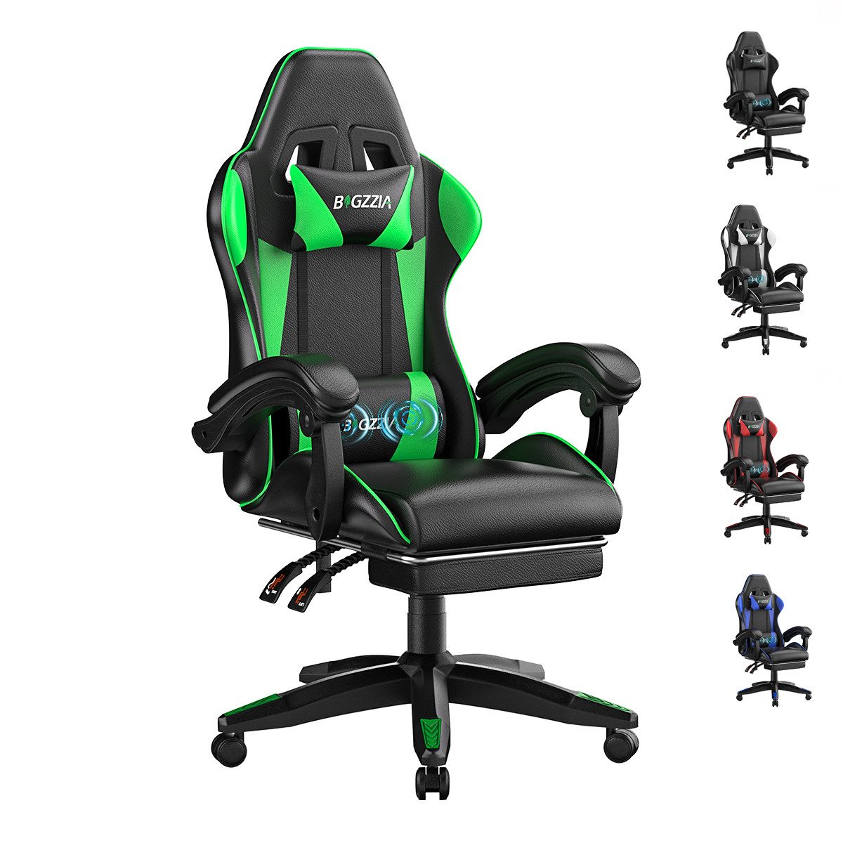 ZAISZE Gaming-Stuhl Schreibtischstuhl, Ergonomischer Bürostuhl mit Massagefunktion (PC Stuhl mit Fußstütze Kopfstütze Lendenkissen), Höhenverstellung Neigung 90°- 135°, für Gaming Arbeit Entspannung