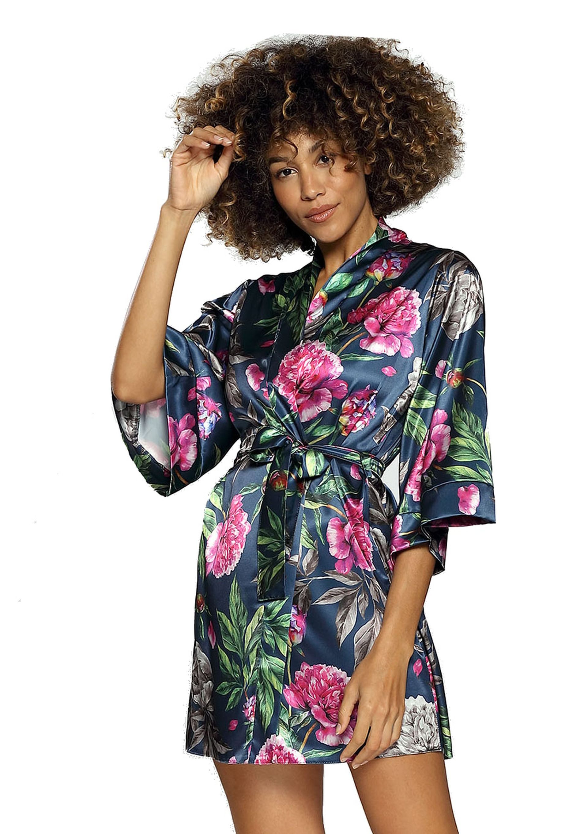 DKaren Morgenmantel Damen Morgenmantel Satin Kurz Bademantel Kimono Flowers, Gürtel