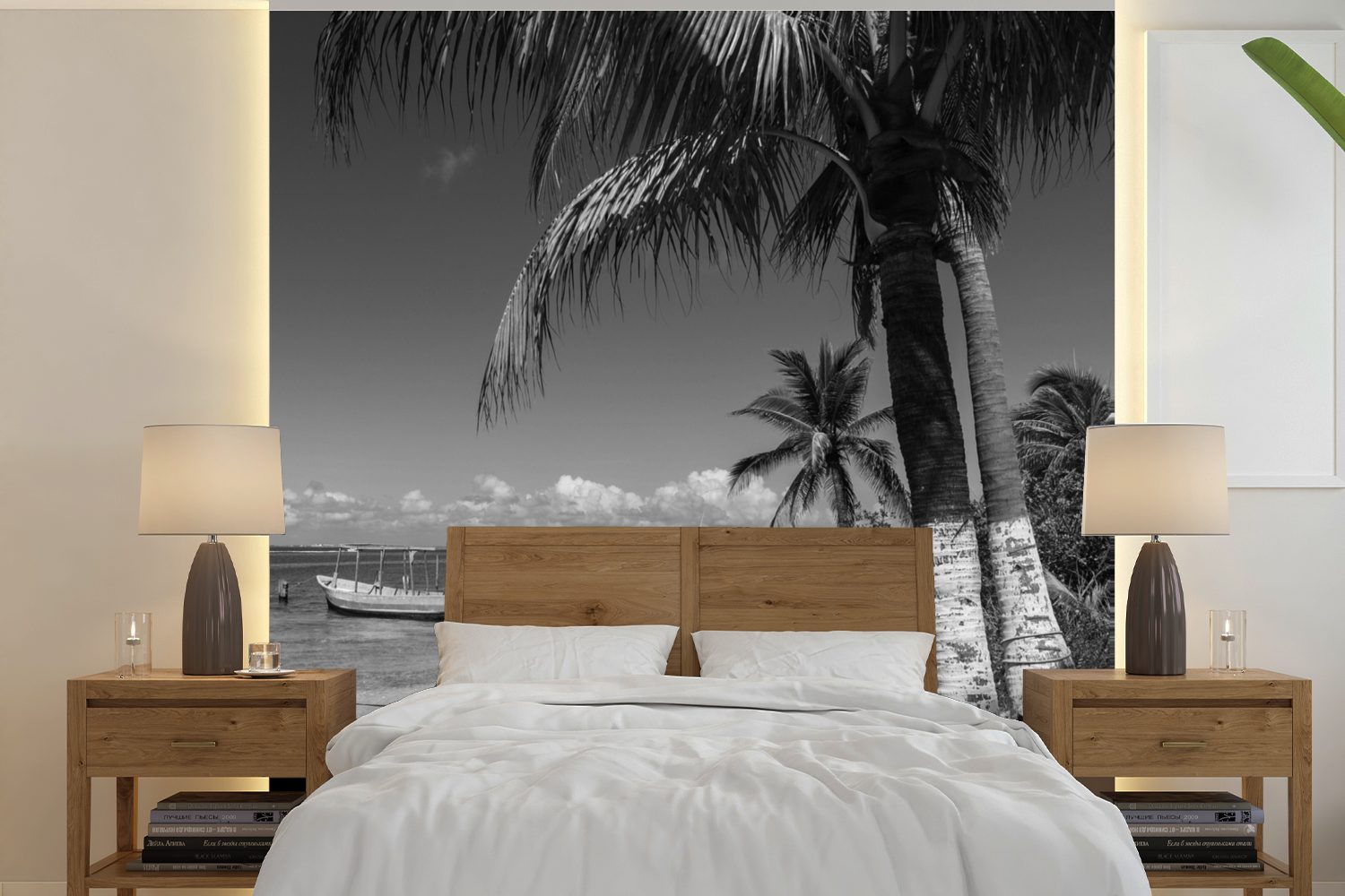 MuchoWow Fototapete Strand der nordamerikanischen Isla Mujeres - Schwarz und Weiß, Matt, bedruckt, (5 St), Vinyl Tapete für Wohnzimmer oder Schlafzimmer, Wandtapete