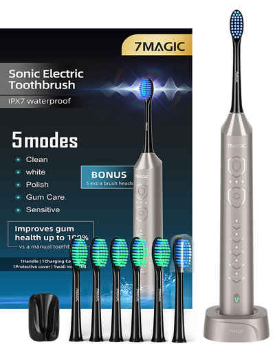 7MAGIC Elektrische Zahnbürste D36 Schallzahnbürste für Zahnpflege, mit 5 modi 3 Vibrationsstärken, Aufsteckbürsten: 6 St., Electric toothbrush für Erwachsene,Zähne reinigen wie ein Zahnarzt, Reise Zahnbürsten mit 6 Zahnbürstenkopf, Timer