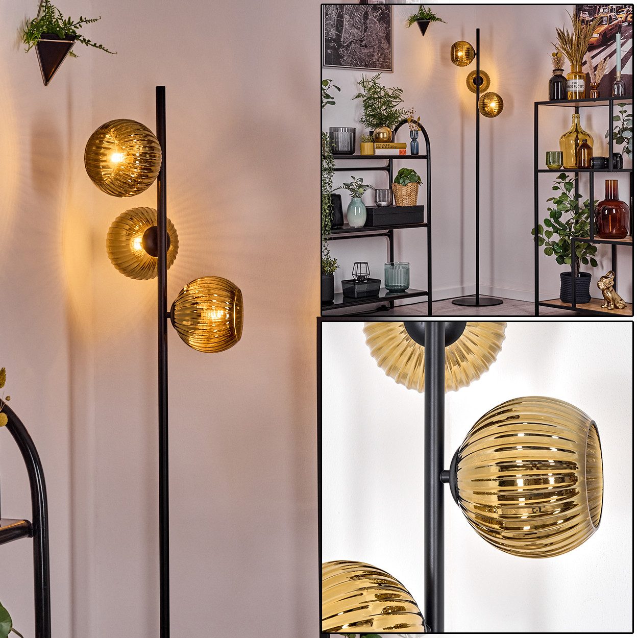 hofstein Stehlampe Stehlampe aus Metall/Riffelglas in Schwarz/Goldfarben, ohne Leuchtmittel, Stehleuchte Retro/Vintage, Ø Schirme 15 cm, Fußschalter, 160 cm, E14