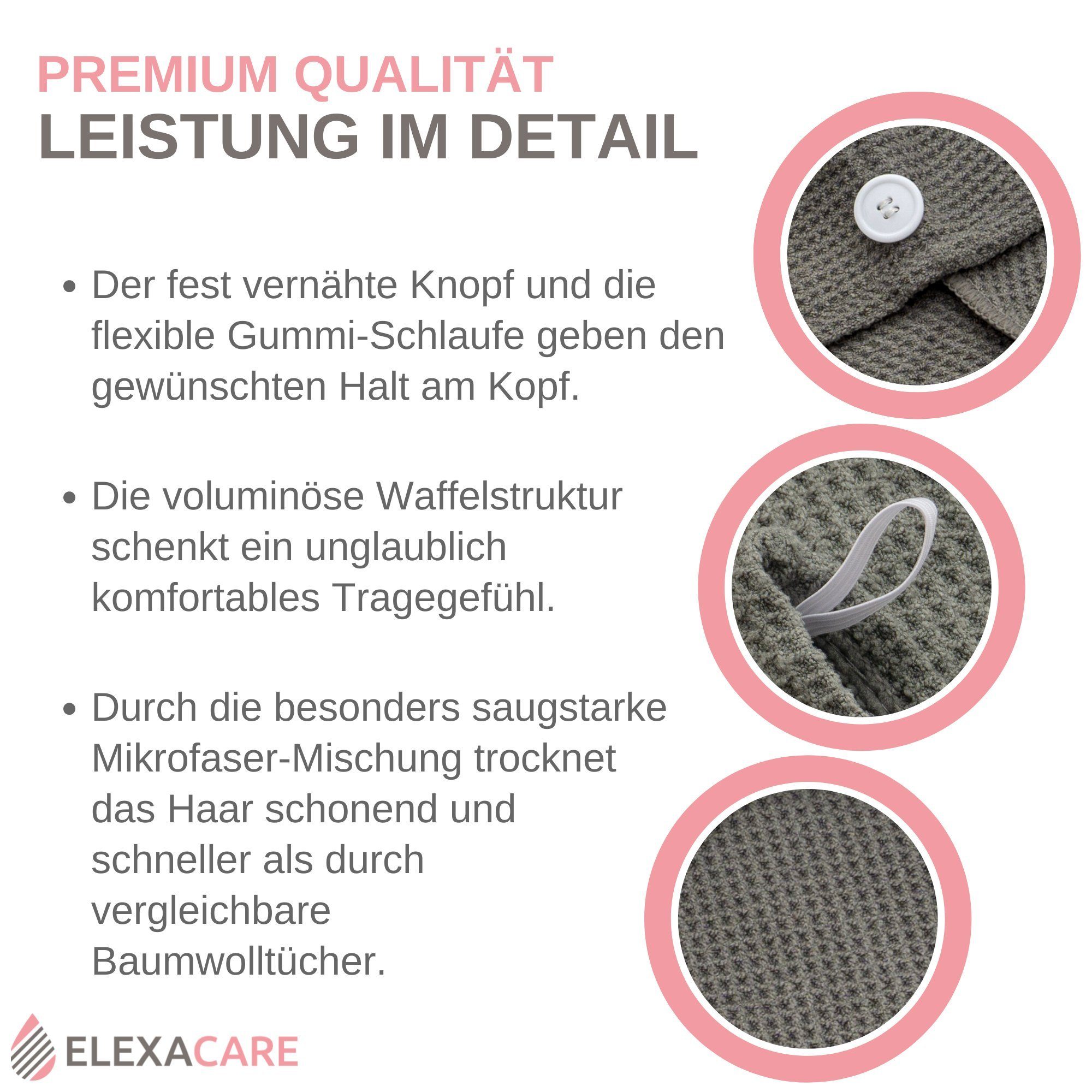 ELEXACARE Turban-Handtuch Haarturban mit Knopf, Mikrofaser (2-St), Turbanhandtuch mit Knopf und Schlaufe – Bild 4 von 5
