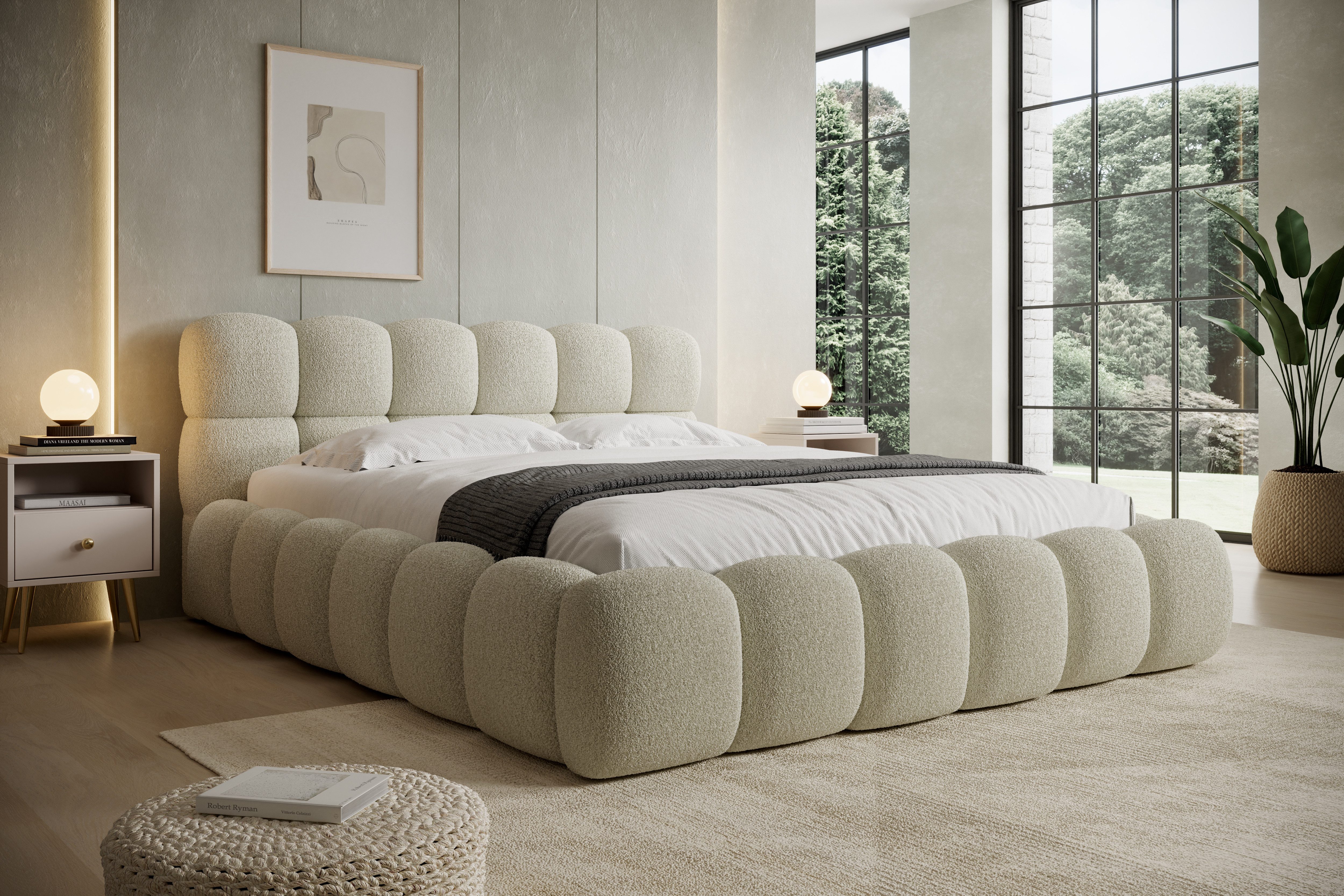 thematys Polsterbett mit Bettkasten 140x200–200x200 cm – Velours oder Bouclé Bezug – (Polsterbett in den Varianten Bouclé (Fredo), Velours (Velutto) - Wolkenbett mit XXL Kopfteil), Wolkenbett mit XXL Kopfteil)