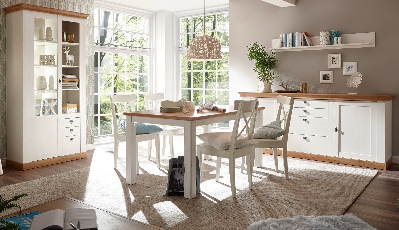 Furn.Design Esszimmer-Set Hemsby, (in Pinie weiß und Wotan Eiche, 4-teilig), Landhausstil