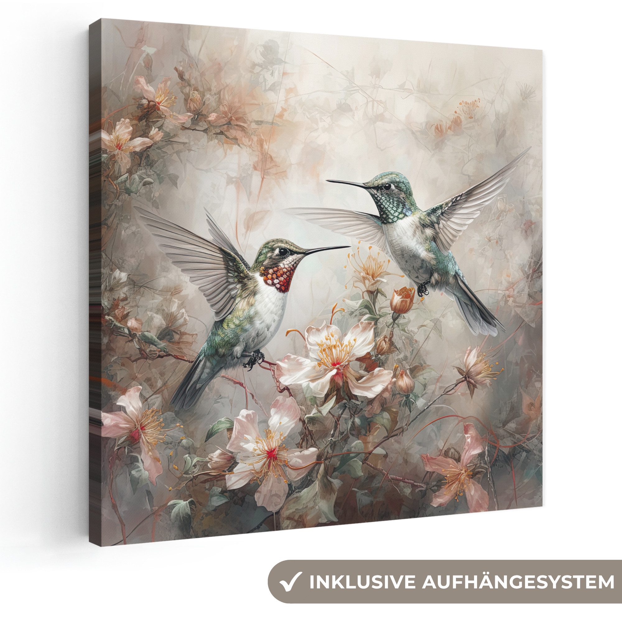 OneMillionCanvasses® Leinwandbild Kolibri - Vögel - Blumen - Pflanzen, Fotodruck (1 St), Wandbild, Deko Schlafzimmer Wohnzimmer Flur 20x20 cm