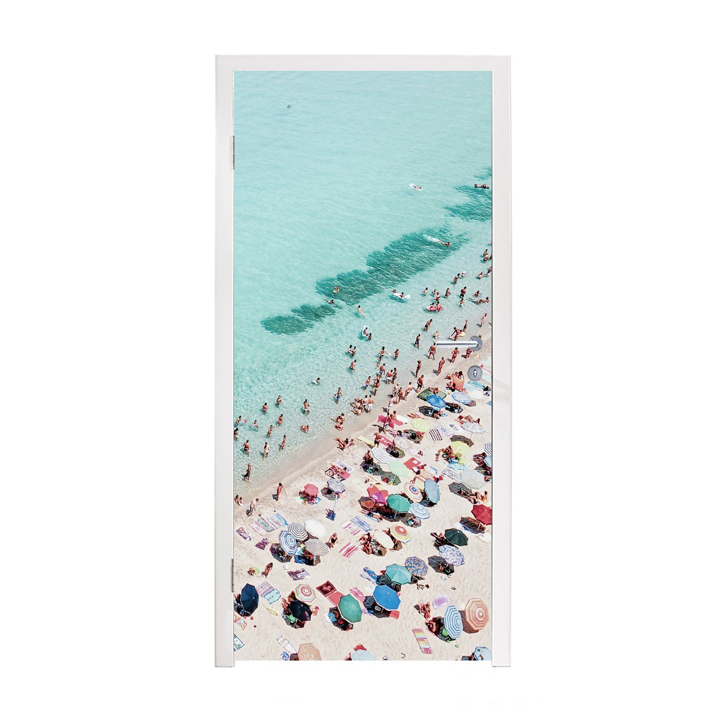 MuchoWow Türtapete Meer - Strand - Sonnenschirme - Blau - Sommer, Matt, bedruckt, (1 St), Fototapete für Tür, Türaufkleber, 75x205 cm