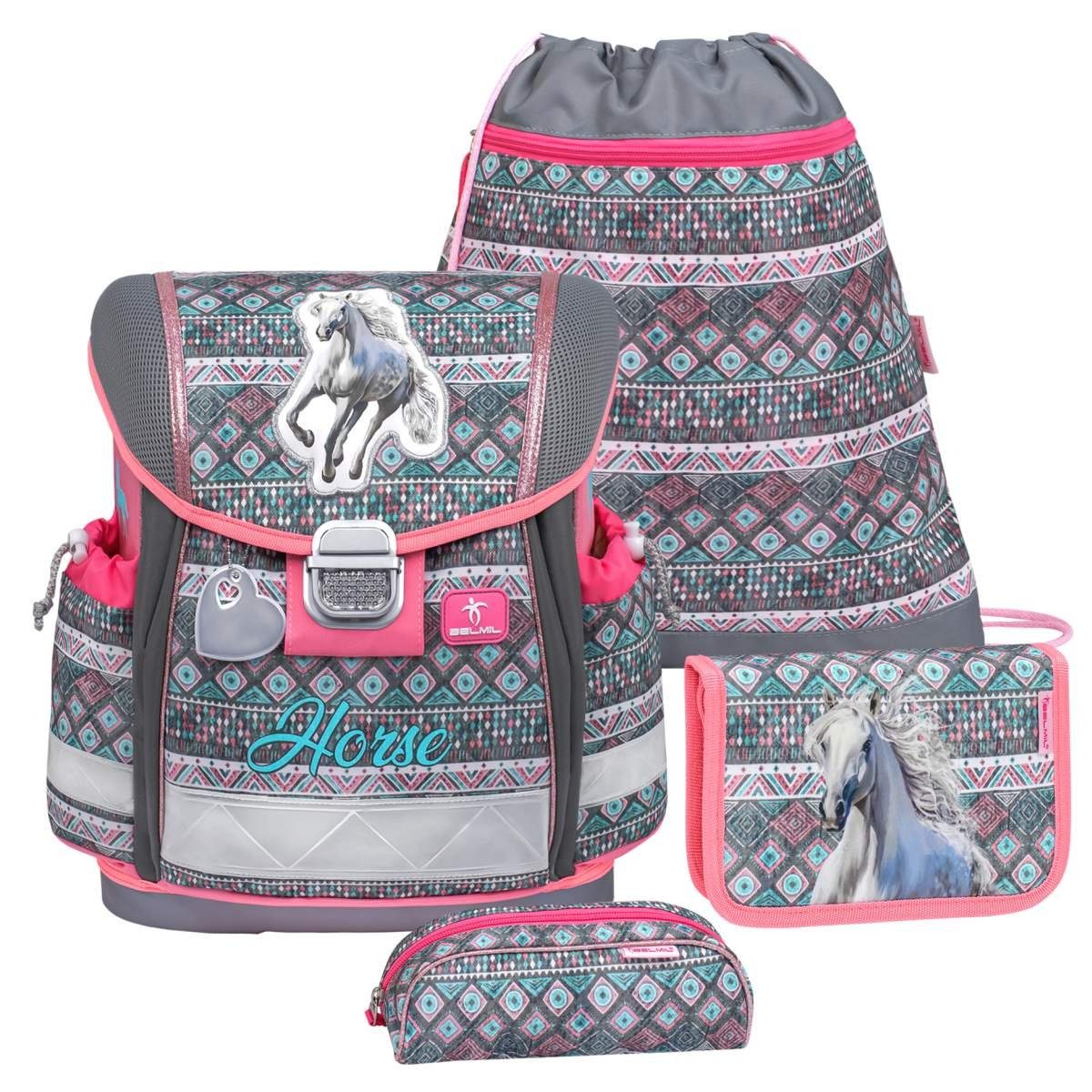 Belmil Schulranzen Classy 2024, Pferd, 4tlg. Set ab 1. Klasse, Grundschule, Einschulung, für Mädchen