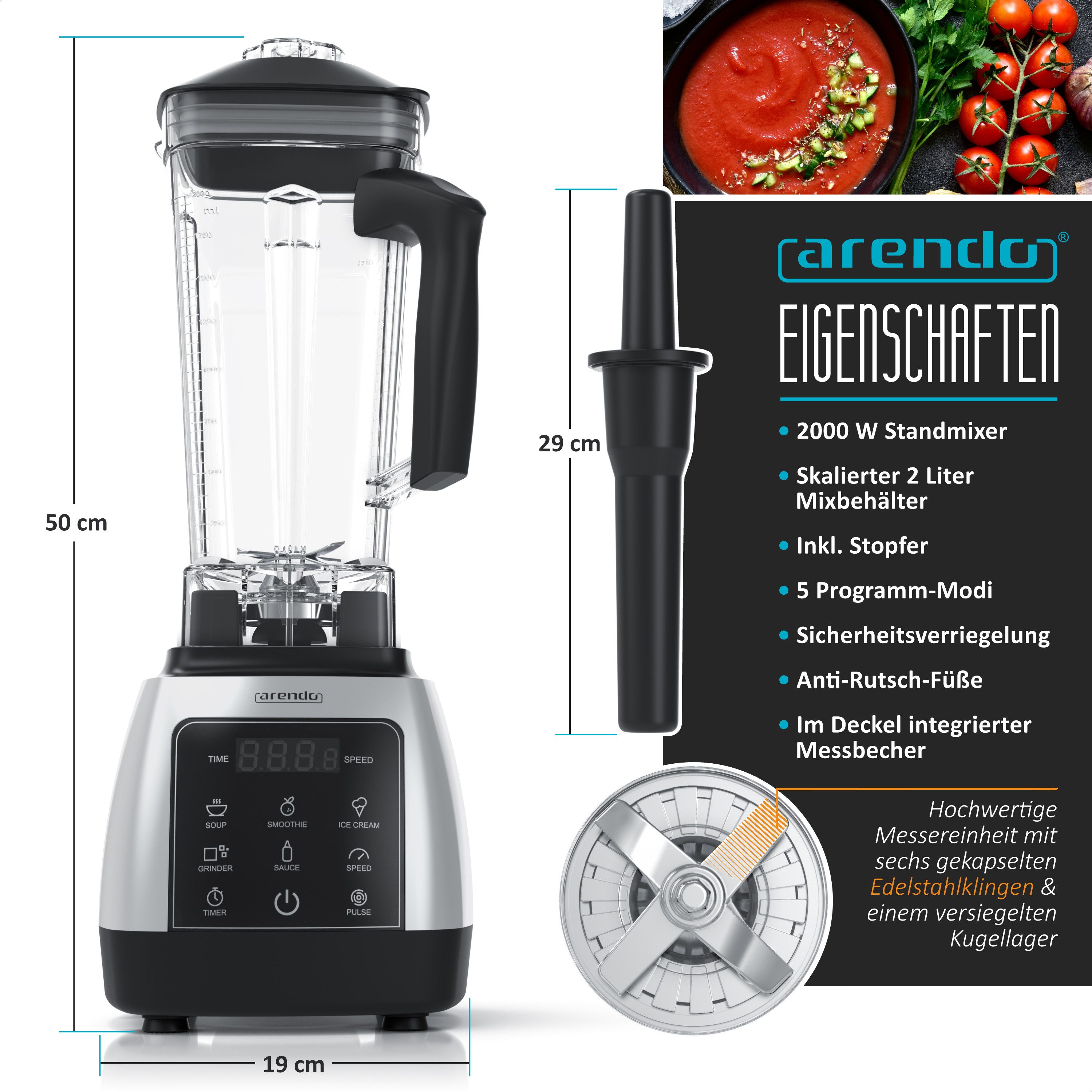 Arendo Standmixer Hochleitungsmixer 2000 W mit Touchpanel, max. 24.000 U/min, 2000 W, Mixer mit Pulsfunktion, Timer, 5 Programme, Mixer mit Display