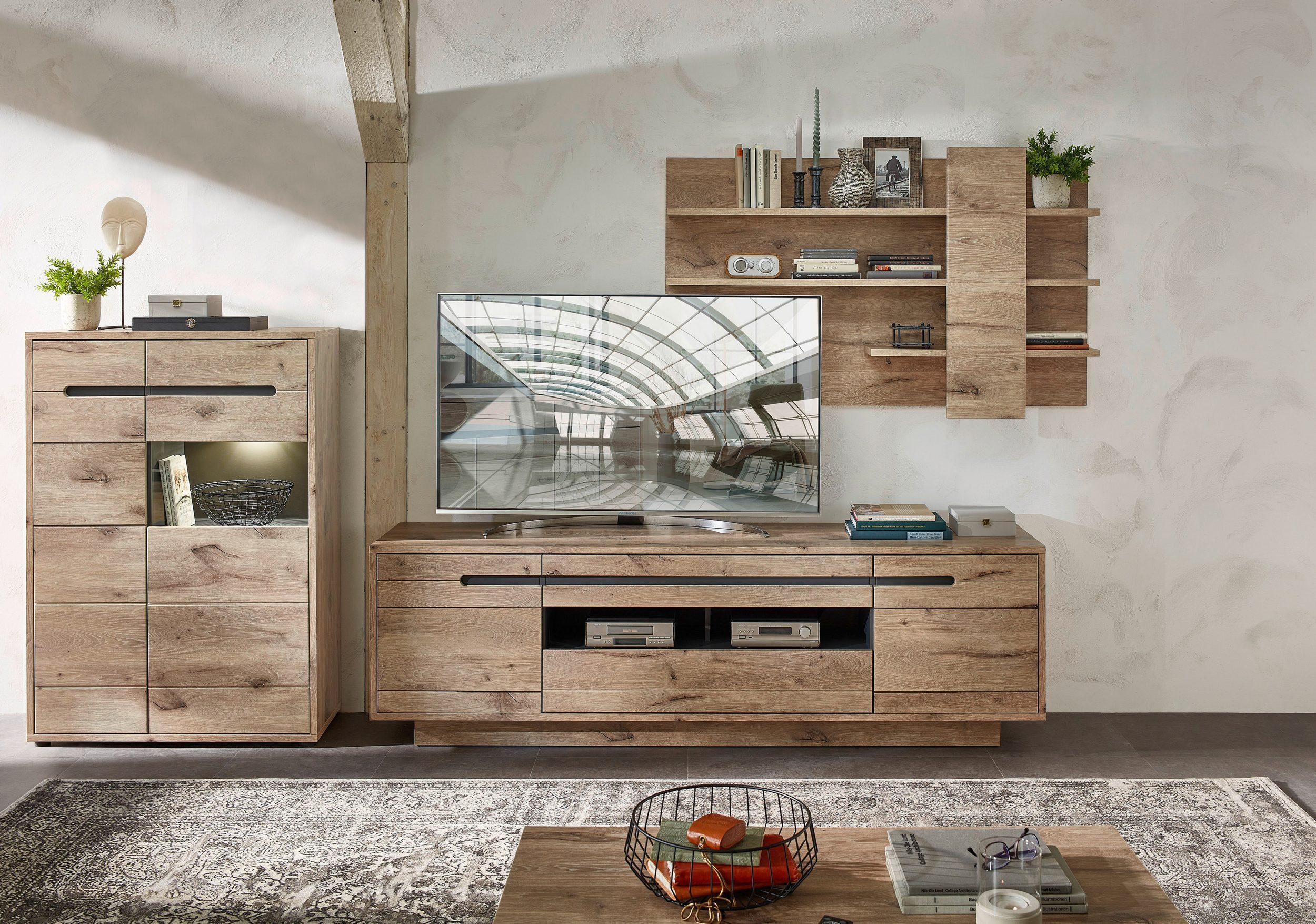 Innostyle Wohnwand Wohnkombination BELLANO Viking Oak Nature Nachbildung mit LED, (Komplett-Set, 3-St., 1x Wohnwand, 1x Vitrine, 1x Lowboard, 1x Wandpaneel)