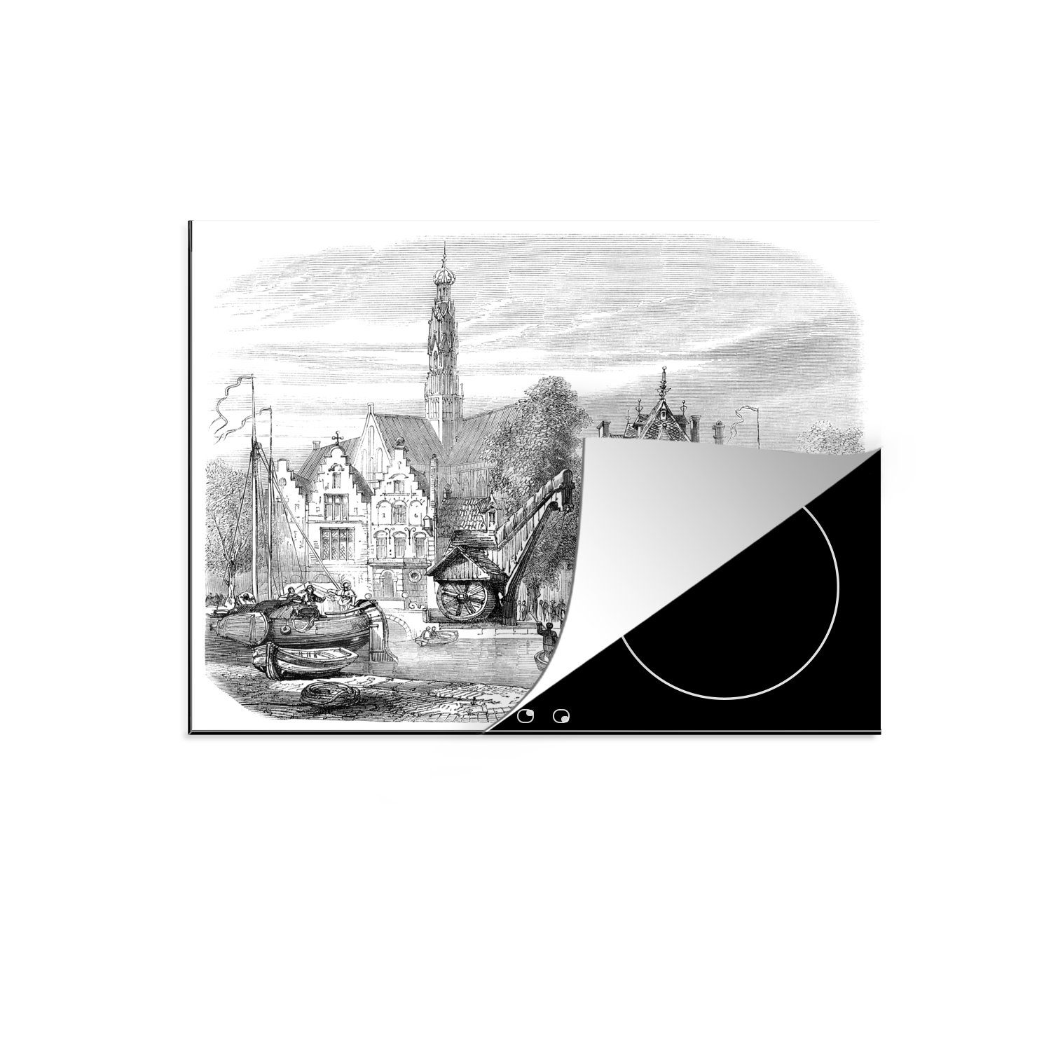 60x52 des Haarlem, tlg), Vinyl, Schwarz-Weiß-Illustration cm, Mobile (1 Ceranfeldabdeckung in nutzbar, Arbeitsfläche Herdblende-/Abdeckplatte MuchoWow Getreidemarktes