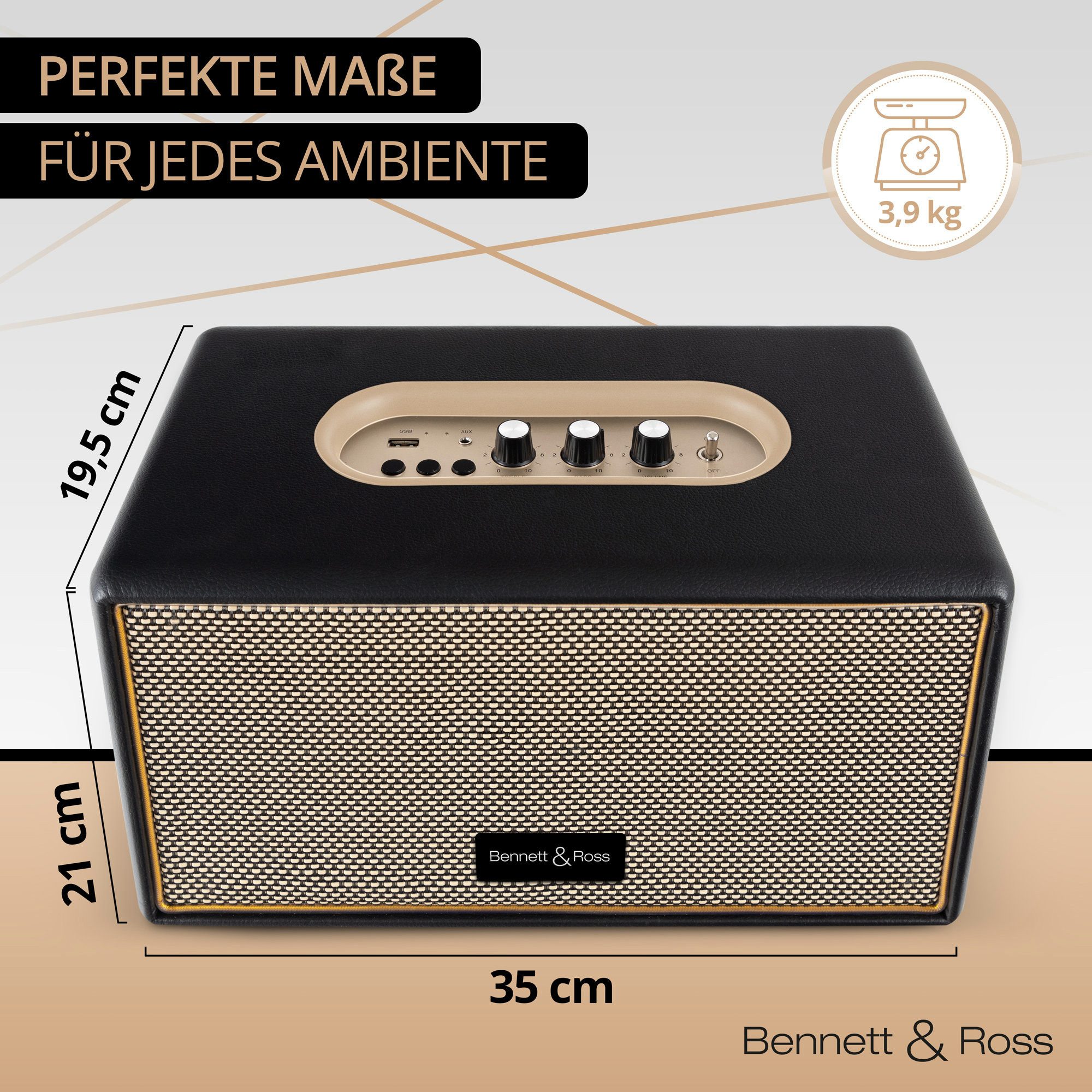 Bennett & Ross BB-860A BK Blackmore Bluetooth Akku Lautsprecher Schwarz Bluetooth-Lautsprecher (60 W, Premium Speaker mit Gehäuse in Lederoptik & 6000 mAh Akku)