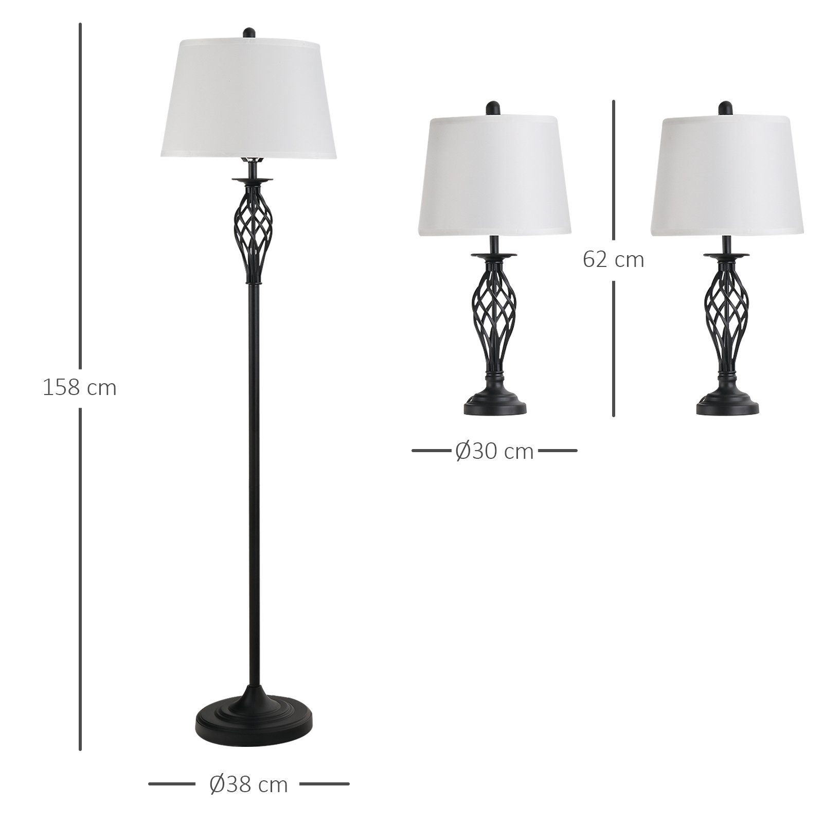 HOMCOM Stehlampe 3er-Lampenset 2 Tischlampe Standlampe mit Fußschalter Leselampe, Metall, PS, Polyester, Baumwolle, Vintage, Schwarz+Weiß – Bild 3 von 5