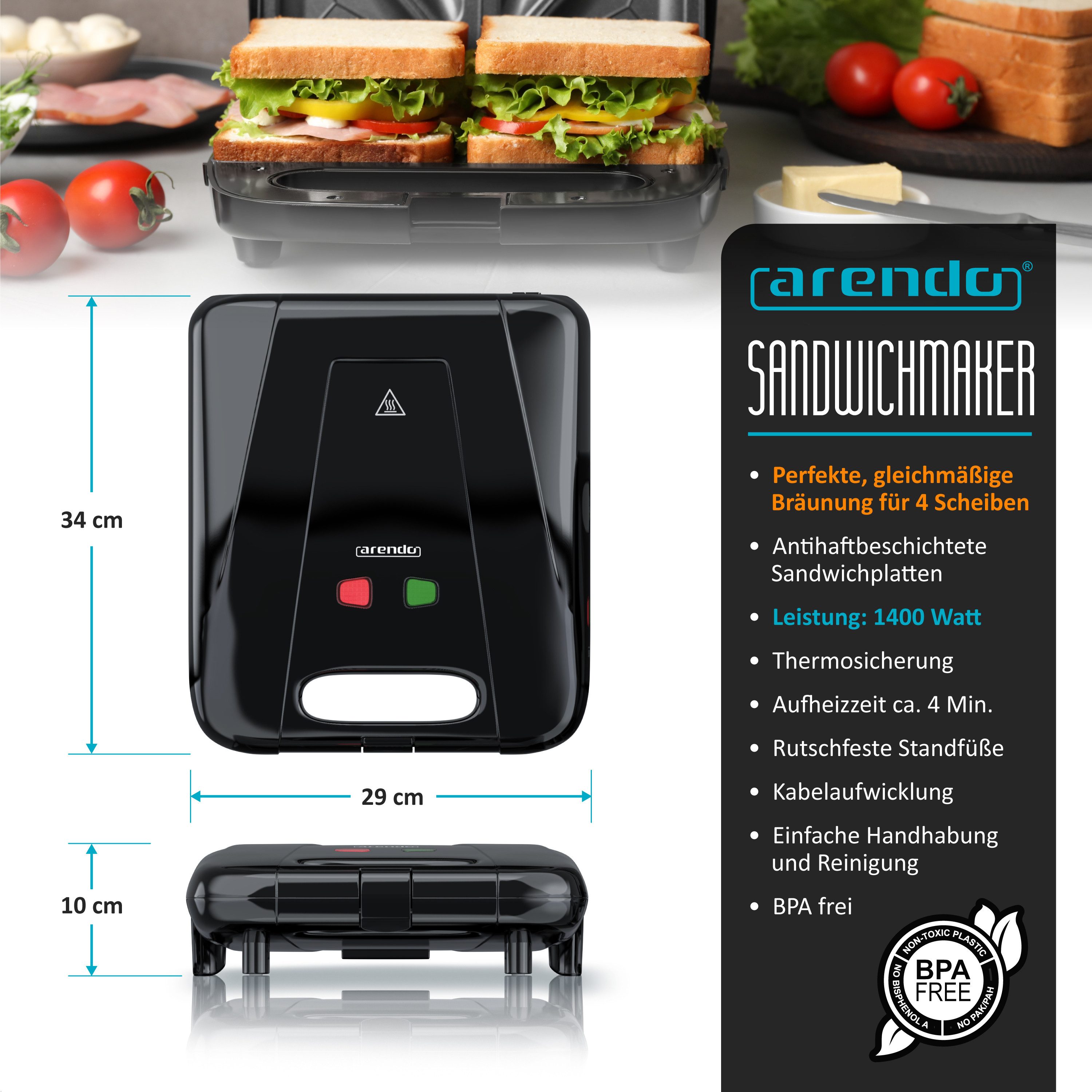 Arendo Sandwichmaker XXL für 4 Sandwiches, Sandwichtoaster für große Toasts, BPA Frei, 1400 W, Antihaftbeschichtet, Schnellaufheizung, Temperaturregelung, 1400 W