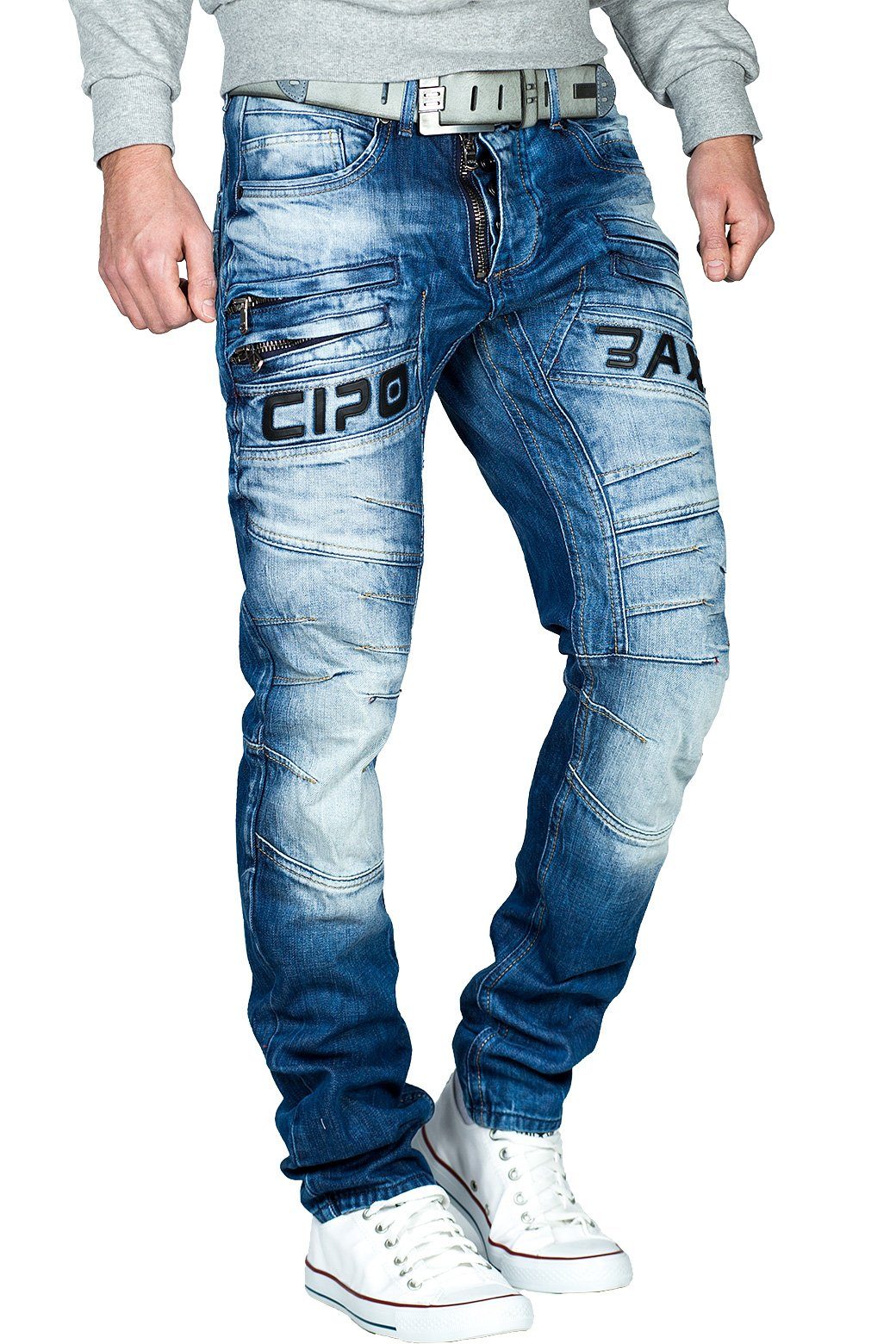 mit Cipo Schriftzug diversen und BA-CD491 Zippern & Regular-fit-Jeans sichtbaren Freizeithose Zippern Baxx mit