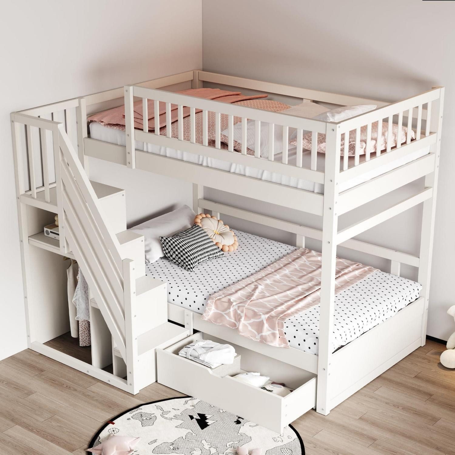 LuxusKollektion Etagenbett Etagenbett 90x200 mit Treppe & Schließfächern Weiß (1-St)
