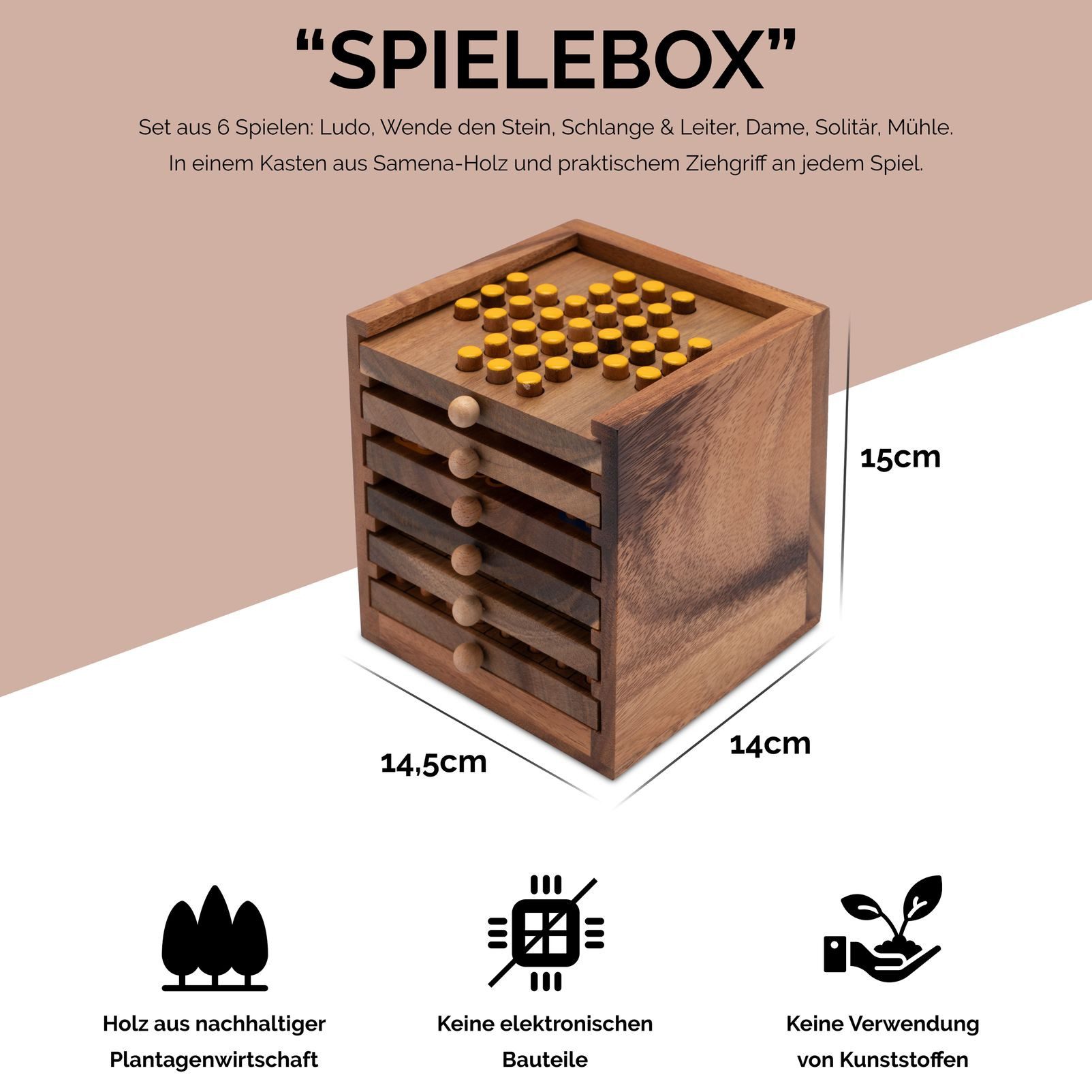 LOGOPLAY Spiel Spiele-Box, Gesellschaftsspiel, Spiele-Sammlung aus Holz 6 Klassiker in dekorativer Box für 1 4