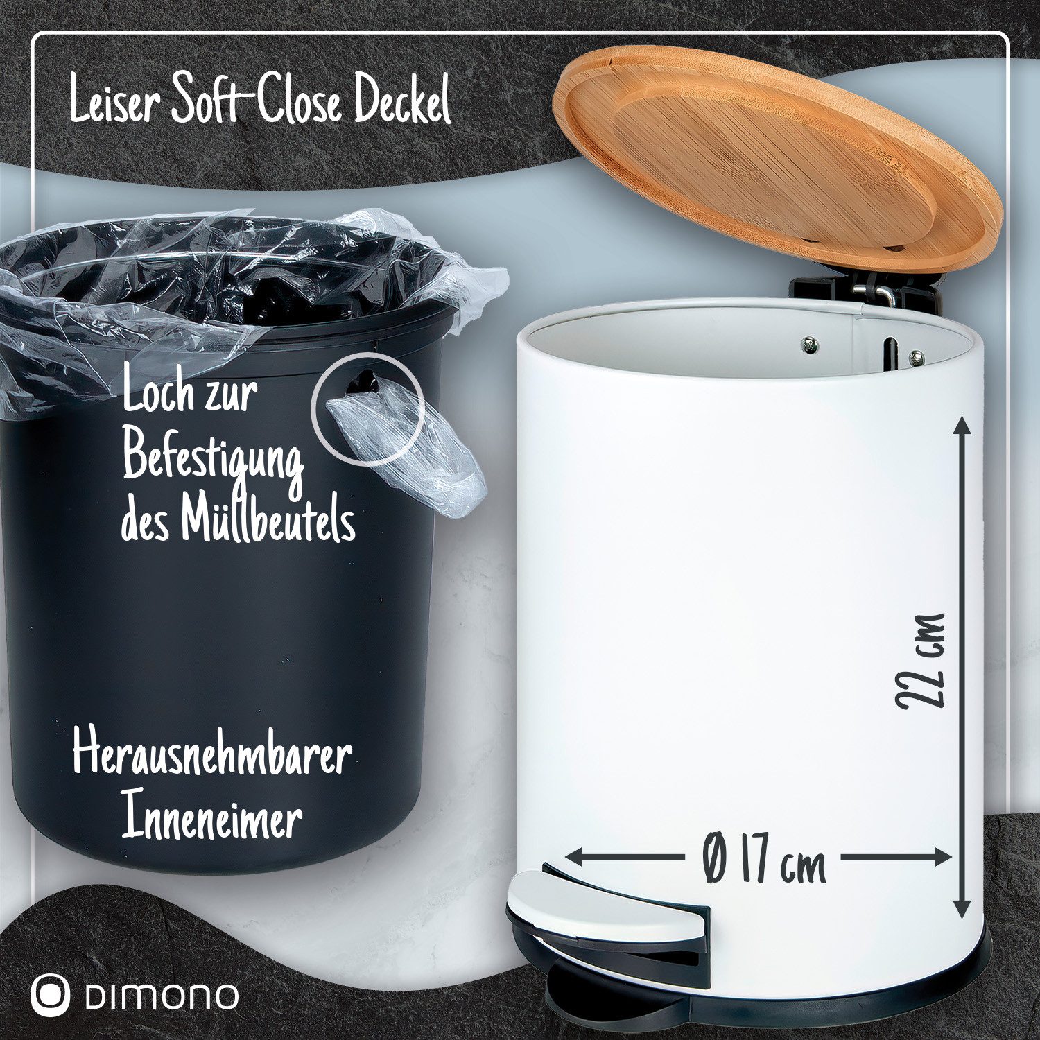 Dimono Mülleimer DIMONO Treteimer – 3L & 5L Kosmetikeimer für Bad, Zuhause & Büro, 3 und 5 Liter Tret-Eimer mit Bambus-Deckel – Bild 4 von 5