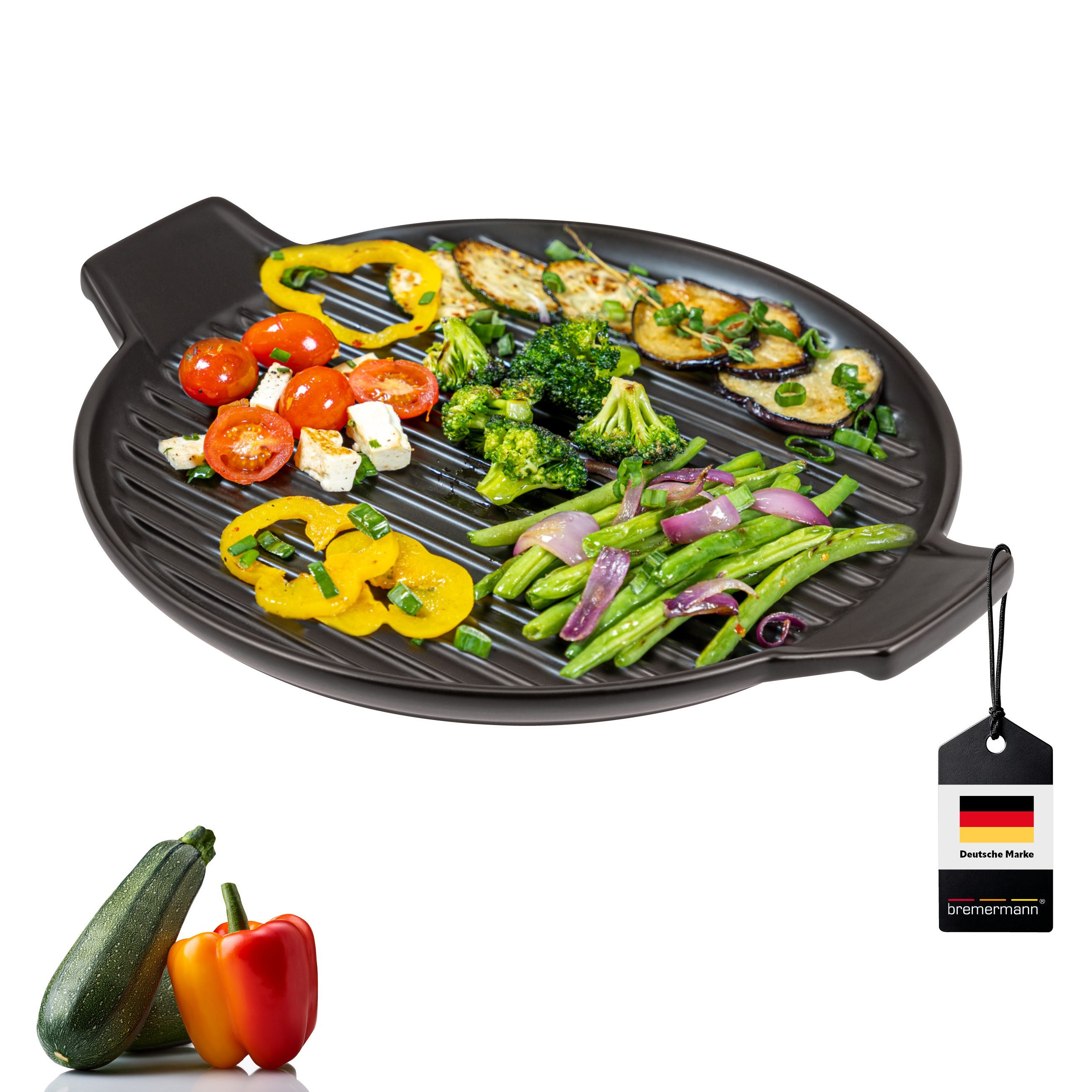 bremermann Grillplatte Grillpfanne Steingut, Grillschale flach für BBQ, rund schwarz