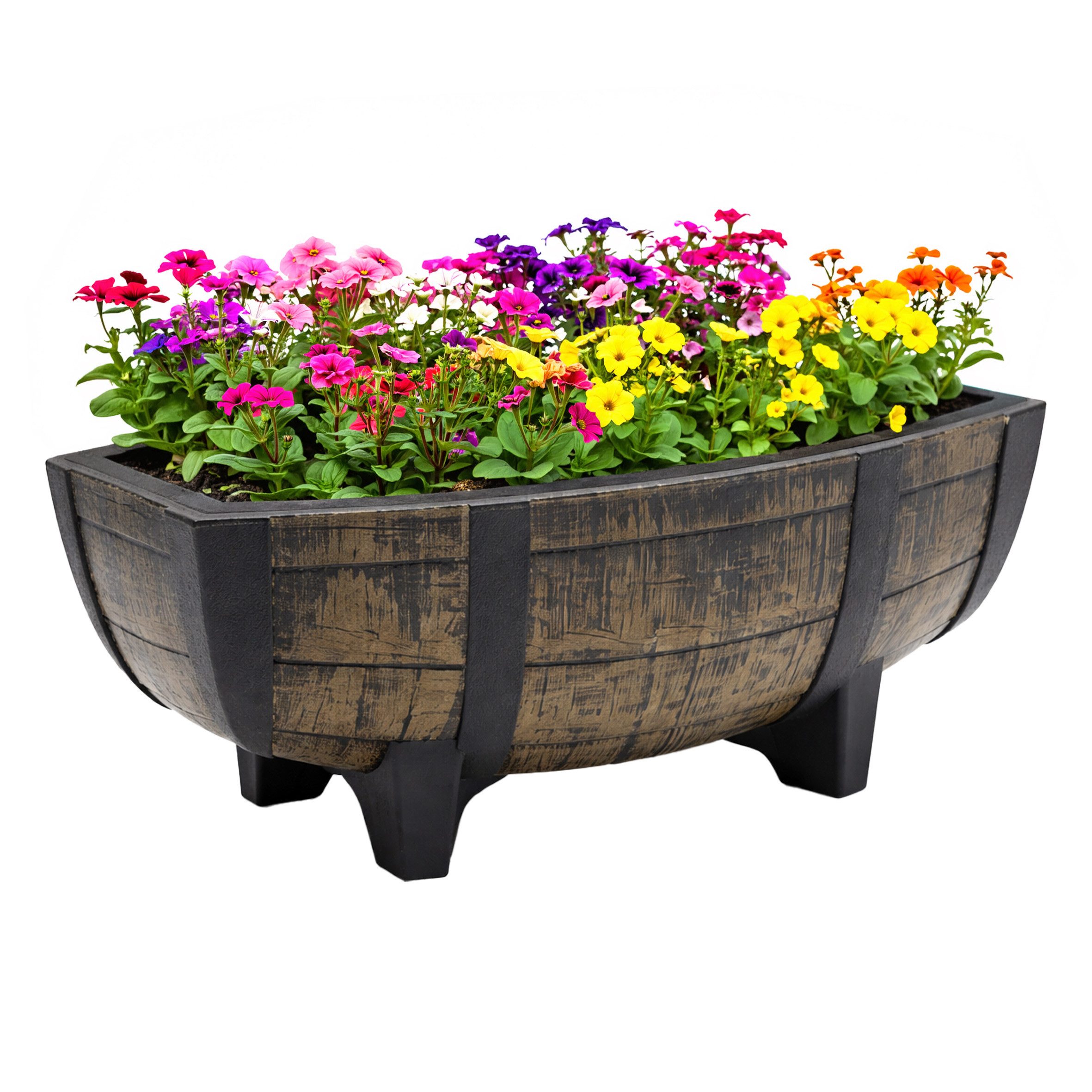 Spetebo Blumentopf Pflanzschale in Eichenfass Optik mit Drainageboden (Anzahl, 1 St., 41 x 30 cm), Blumenschale aus Kunststoff im Design eines halben Eichenfasses